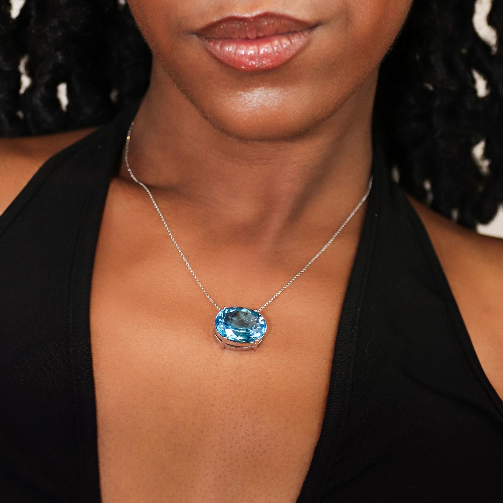 Women's Swiss Topaz Necklace - 18K Solid White Gold For Sale