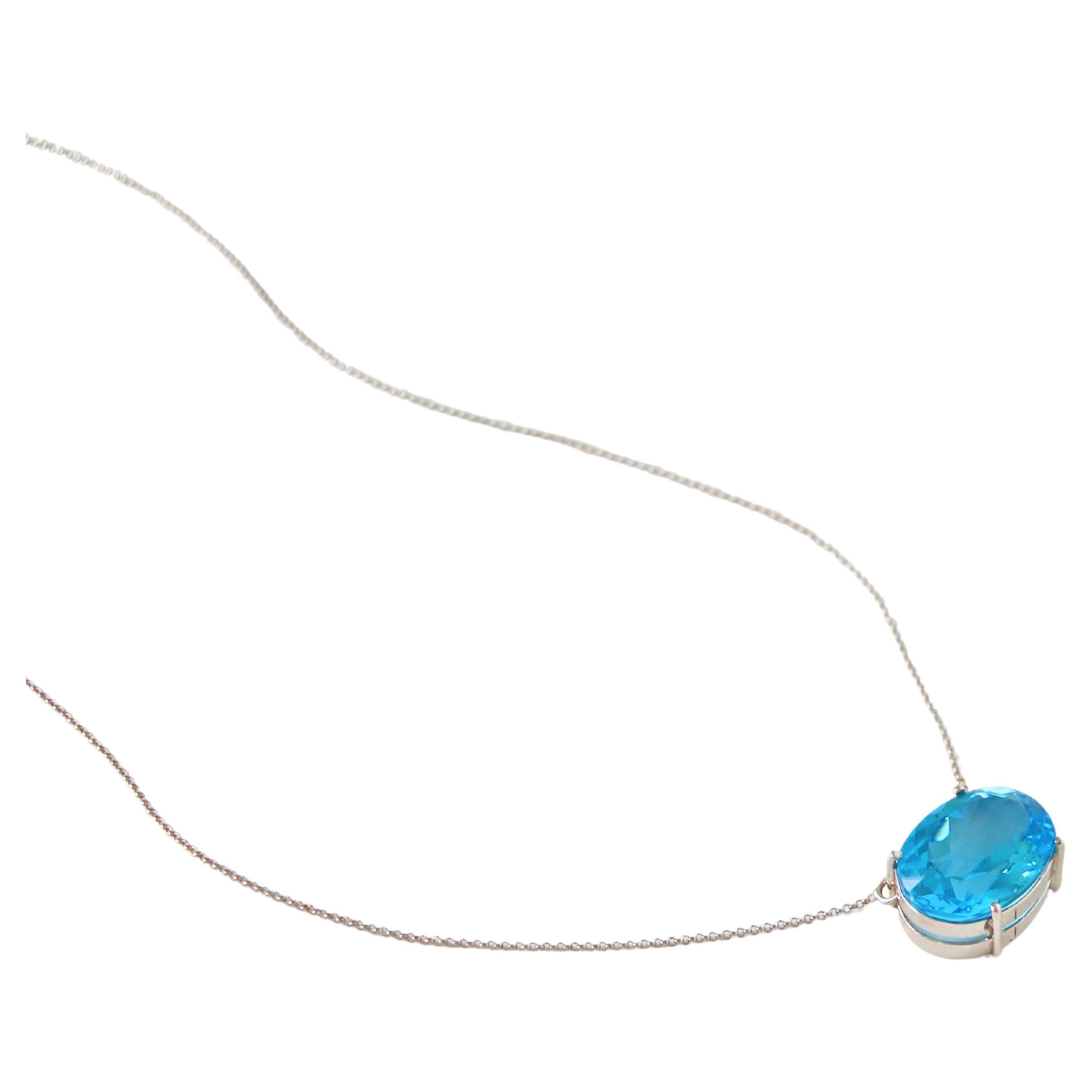 Swiss Topaz Necklace - 18K Solid White Gold For Sale