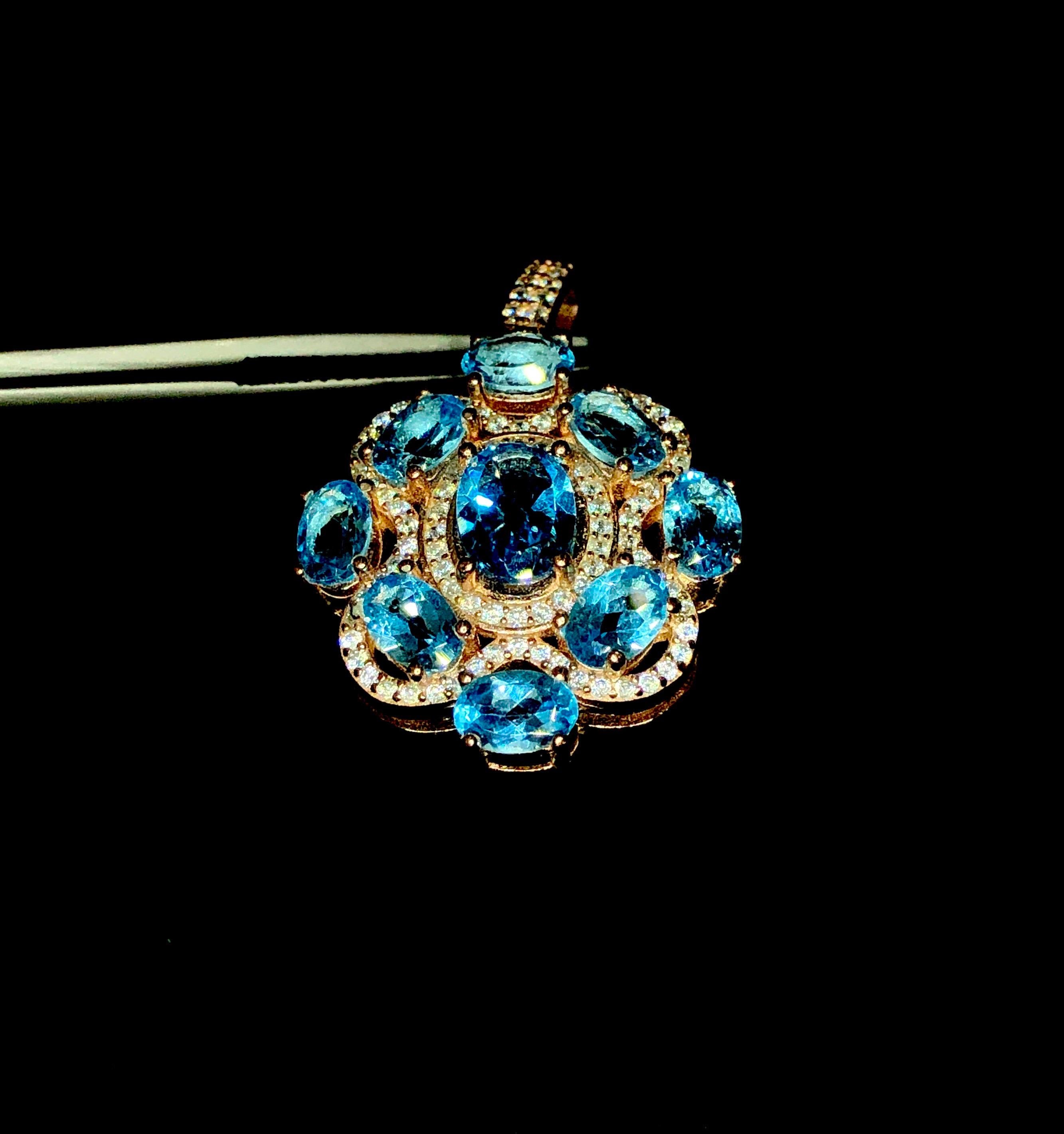 Oval Cut Swiss Topaz Rose Gold Pendant 925 silver cubic zircons  For Sale