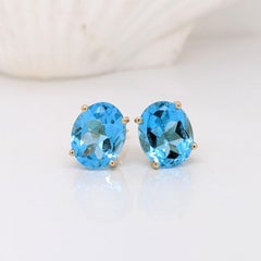 Swiss Topaz Solitaire Stud Earrings in Solid 14K Gold Oval 10x8mm