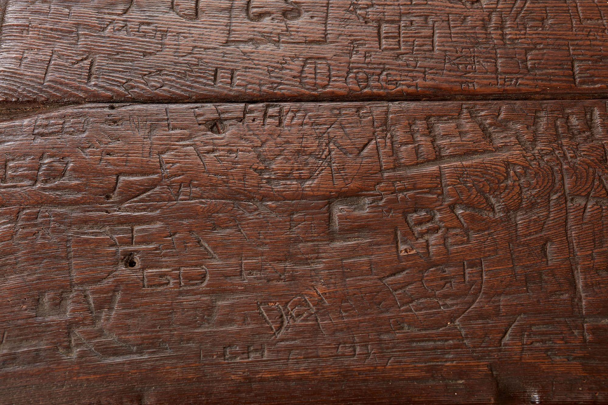 Swiss Trestle Table with Graffiti Carvings For Sale 4