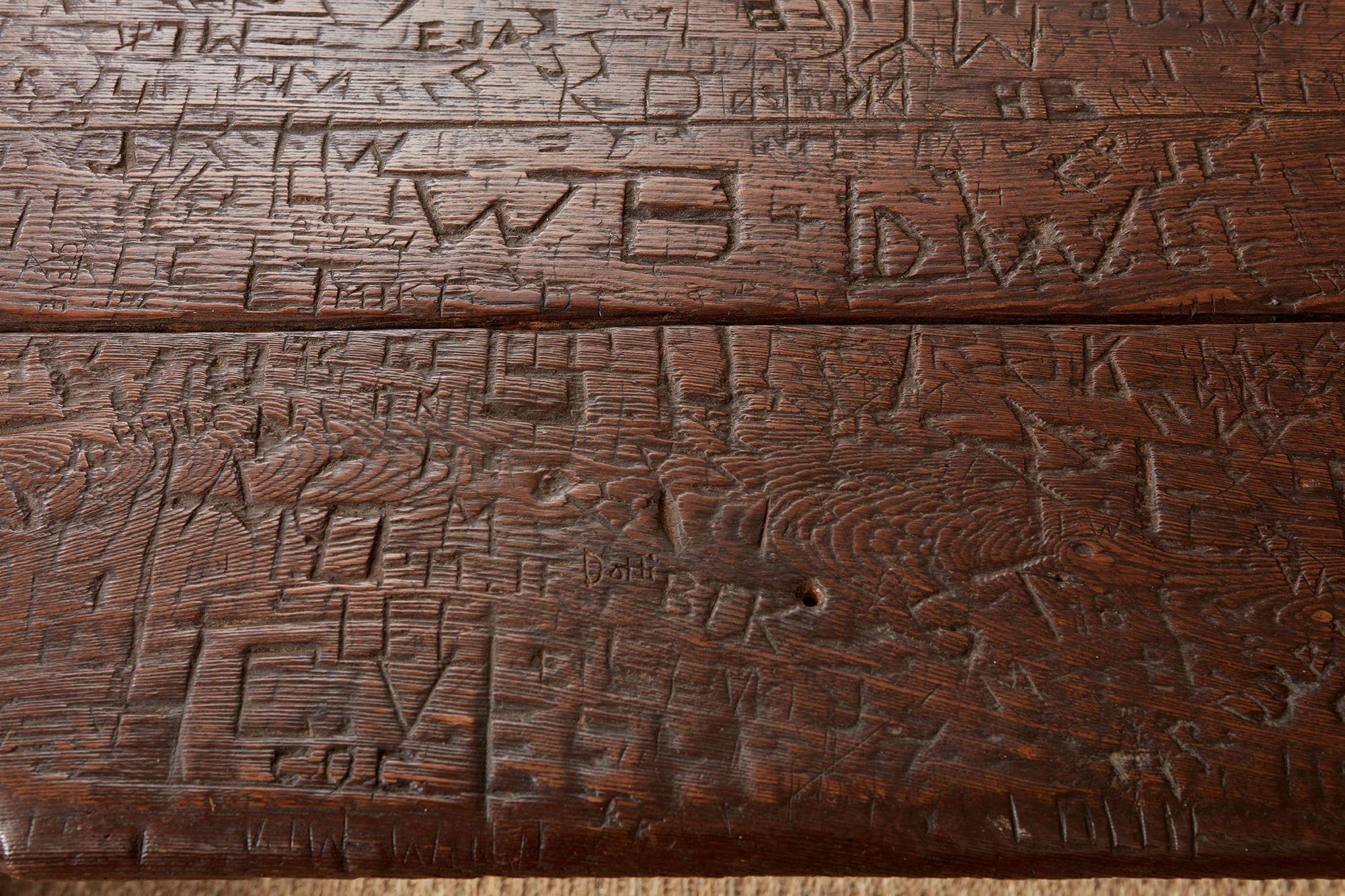 Swiss Trestle Table with Graffiti Carvings For Sale 5