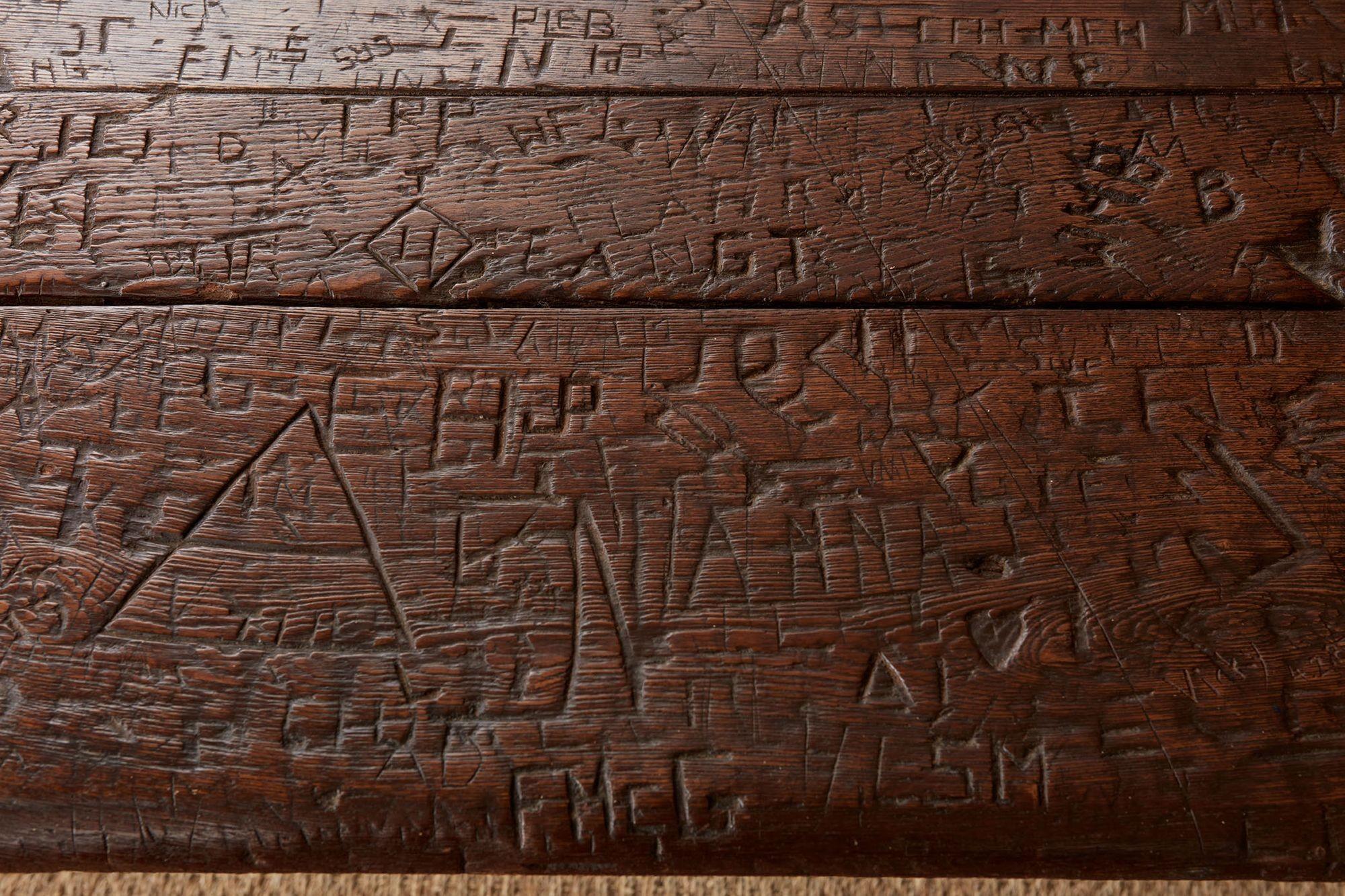 Swiss Trestle Table with Graffiti Carvings For Sale 6