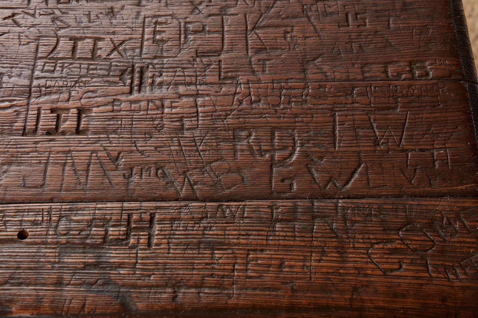 Swiss Trestle Table with Graffiti Carvings For Sale 7