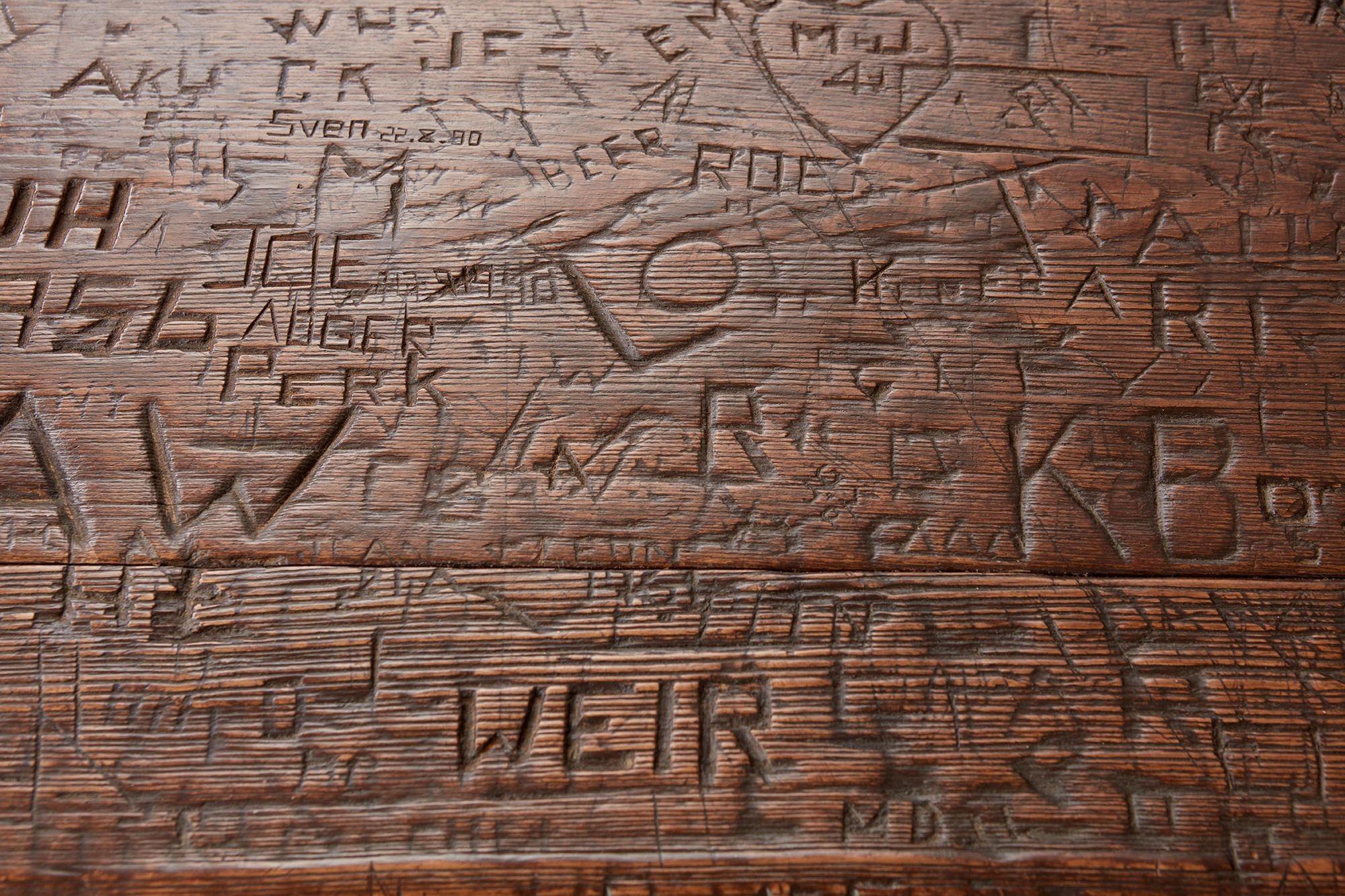 Swiss Trestle Table with Graffiti Carvings For Sale 8