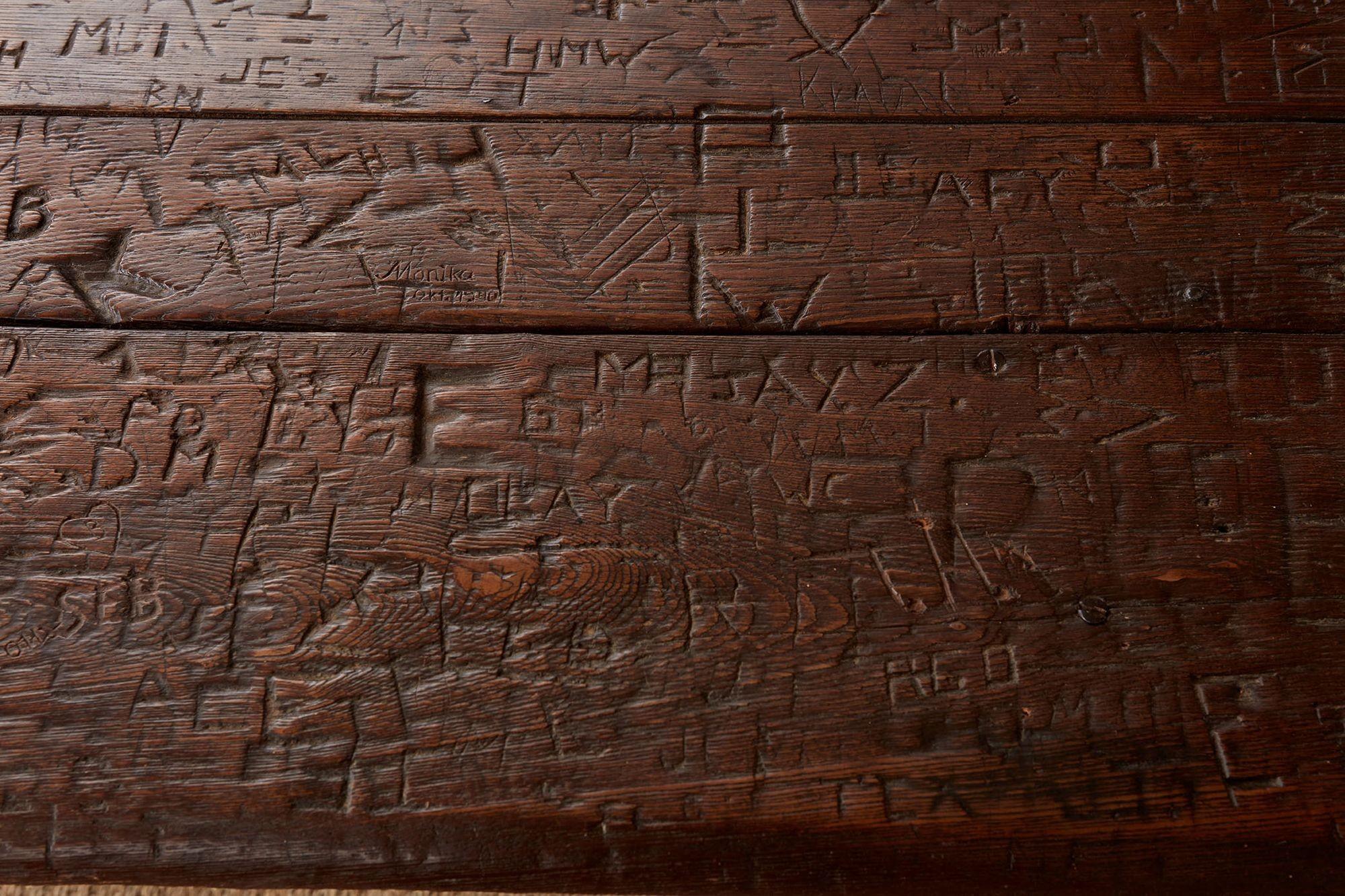 Swiss Trestle Table with Graffiti Carvings For Sale 9