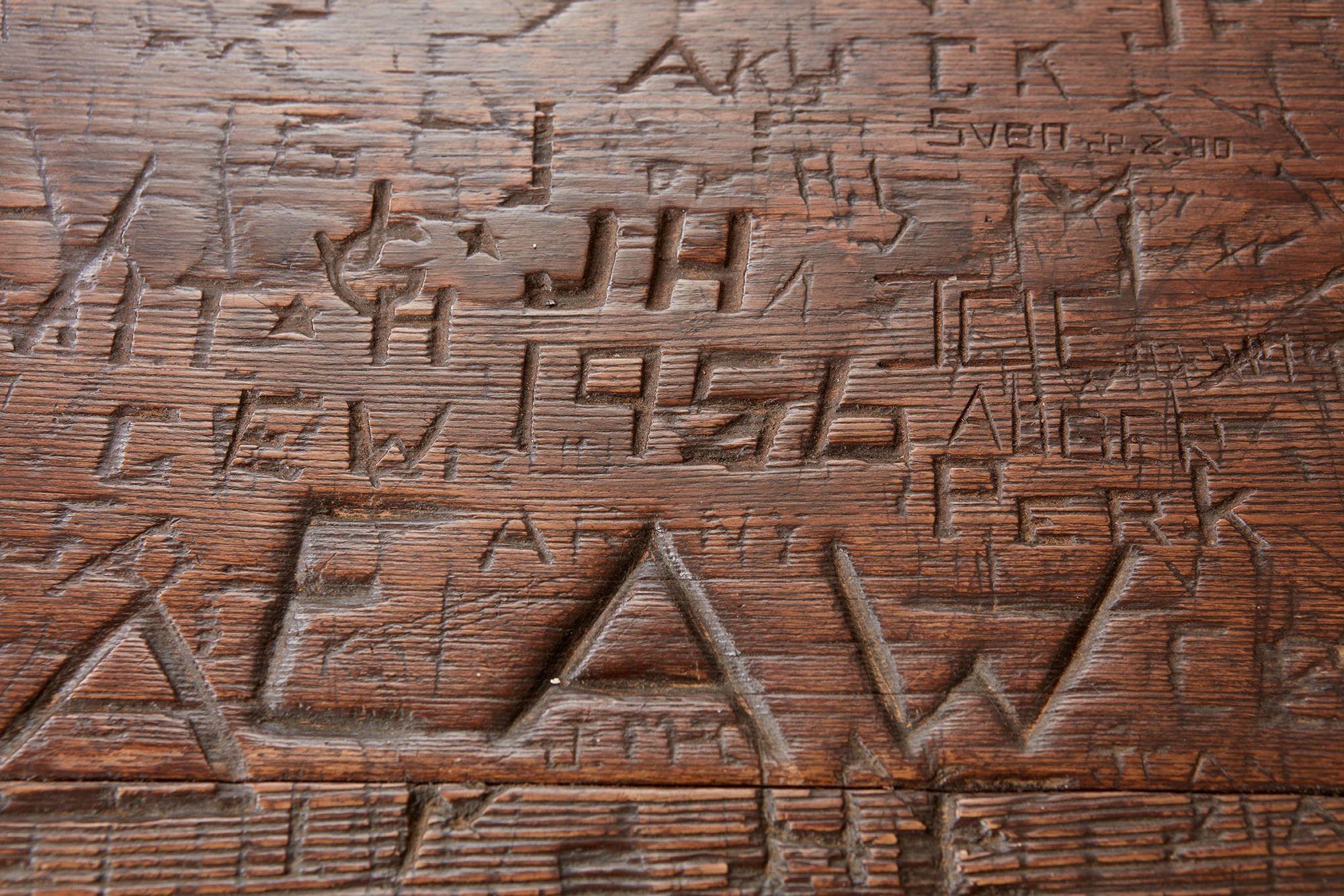 Swiss Trestle Table with Graffiti Carvings For Sale 10