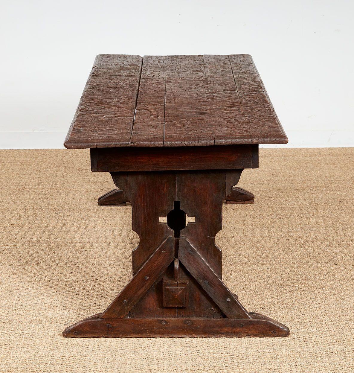 Mid-19th Century Swiss Trestle Table with Graffiti Carvings For Sale