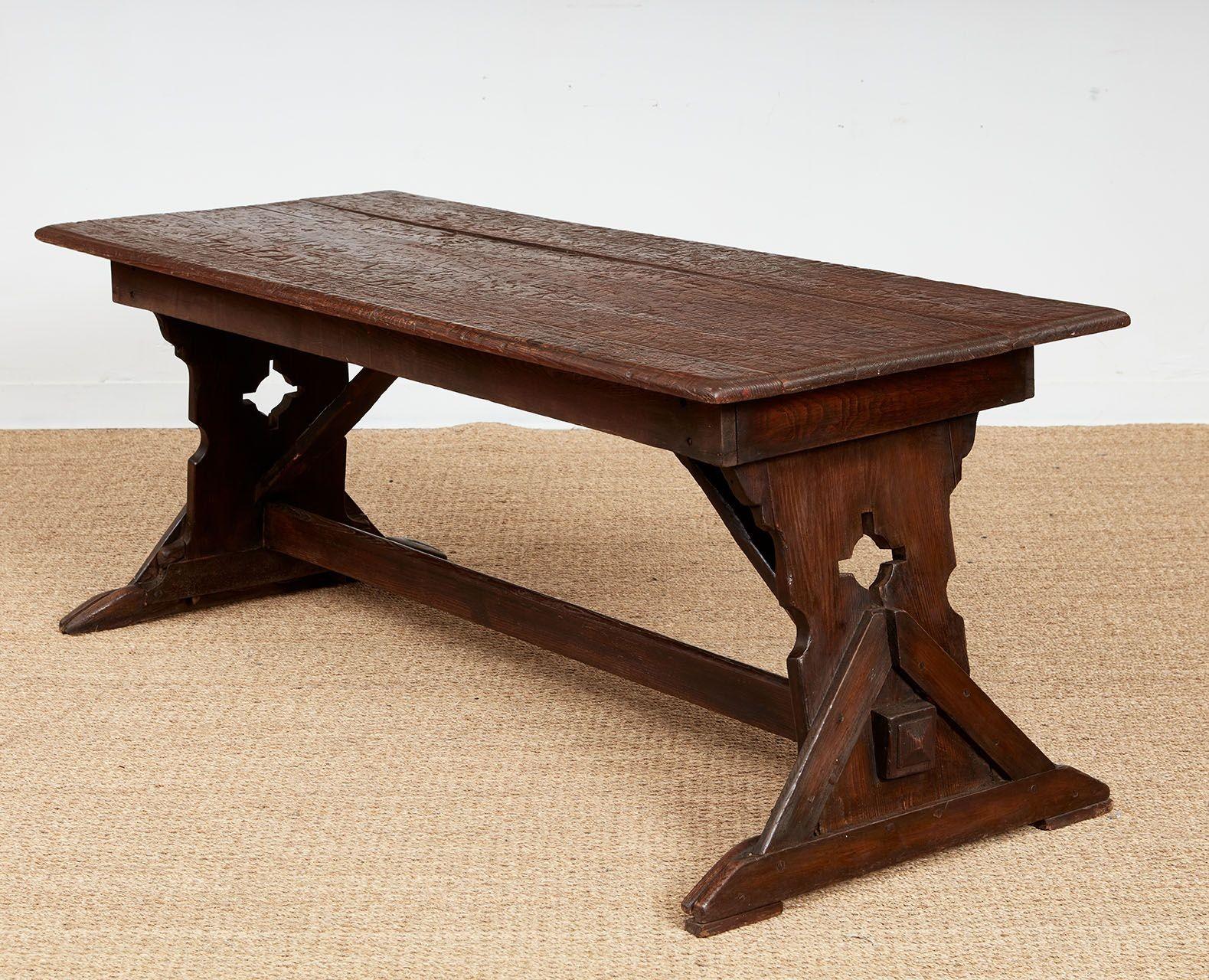 Ash Swiss Trestle Table with Graffiti Carvings For Sale