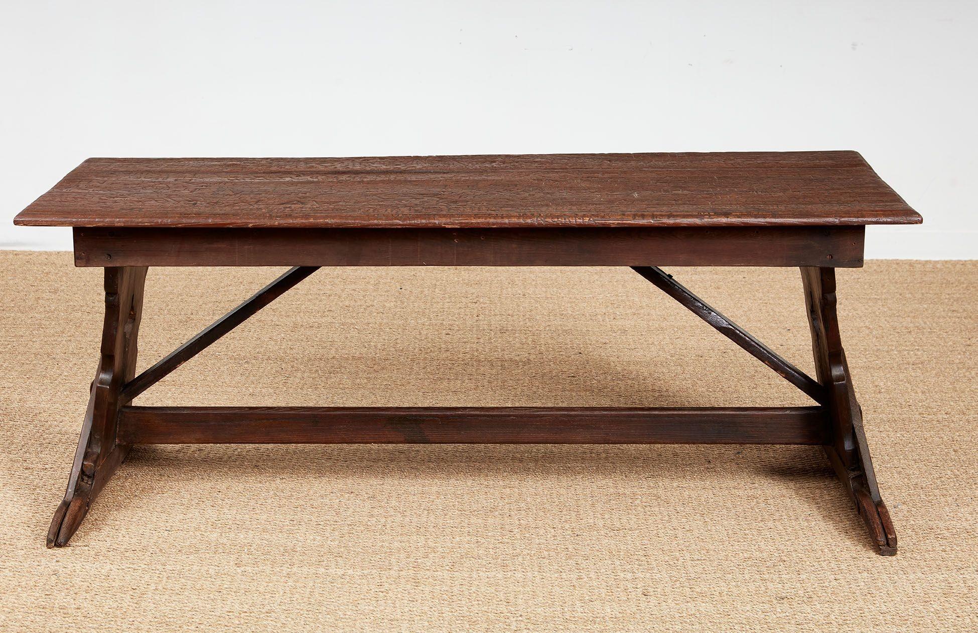 Swiss Trestle Table with Graffiti Carvings For Sale 1