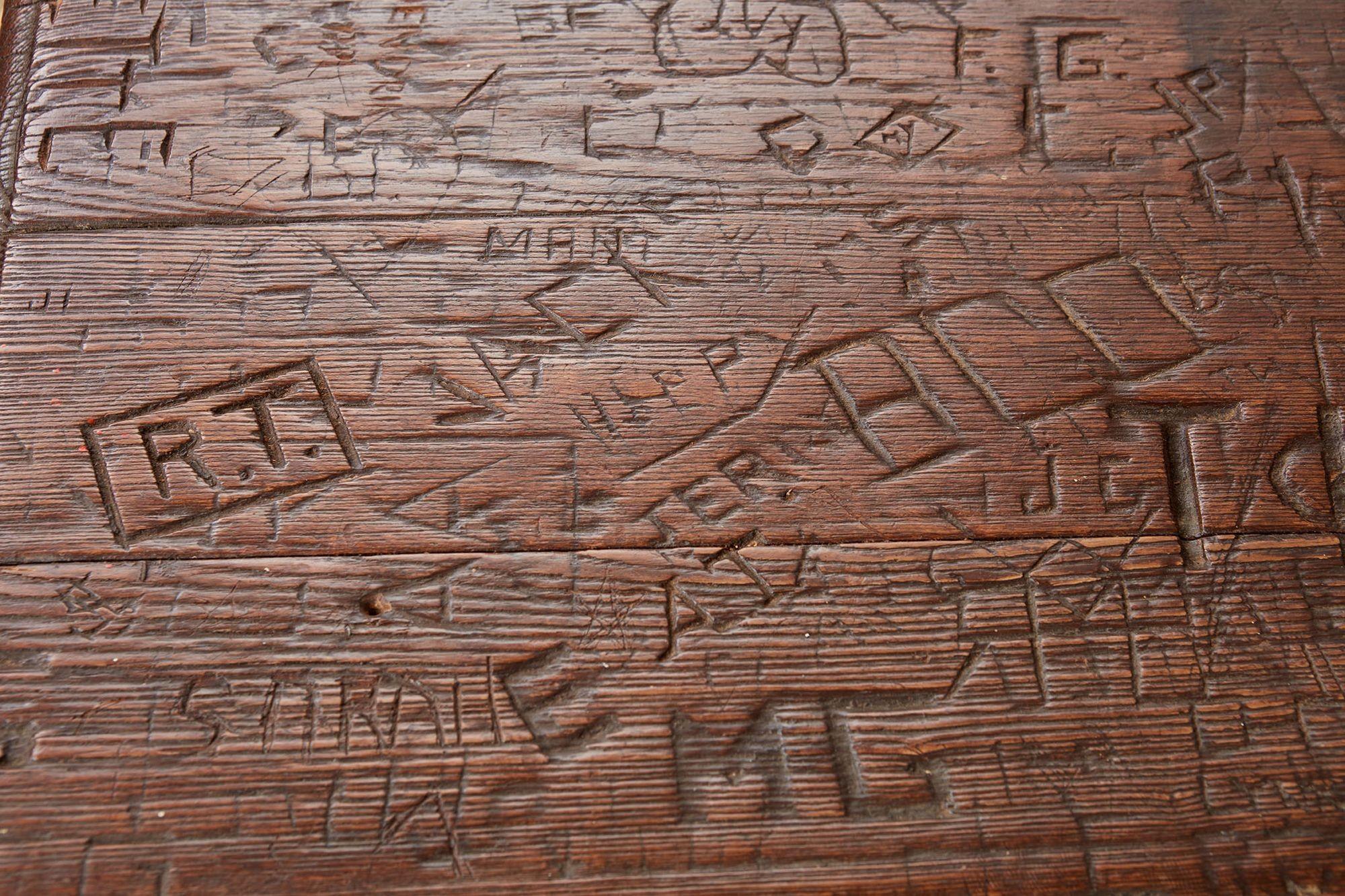 Swiss Trestle Table with Graffiti Carvings For Sale 3