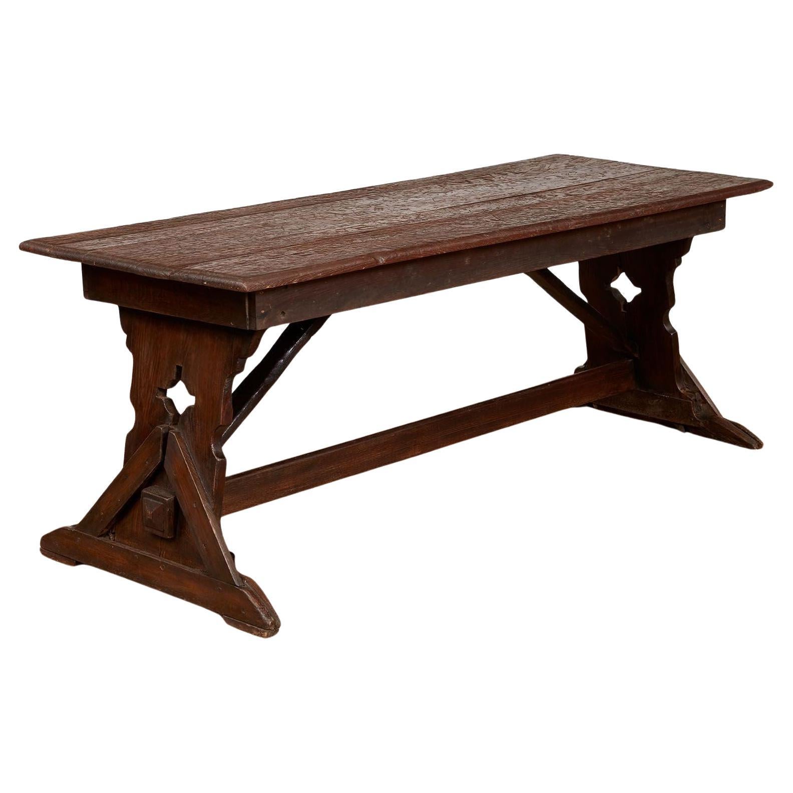 Swiss Trestle Table with Graffiti Carvings For Sale