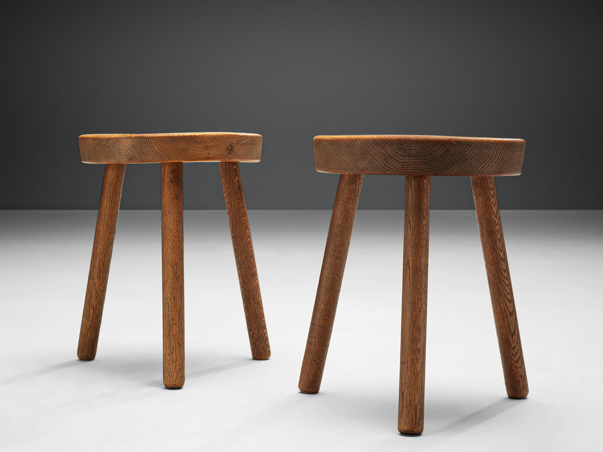 Mid-Century Modern Swiss Tripod Stools in Solid Oak