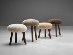 Swiss Tripod Stools in Solid Oak Upholstered in Shearling