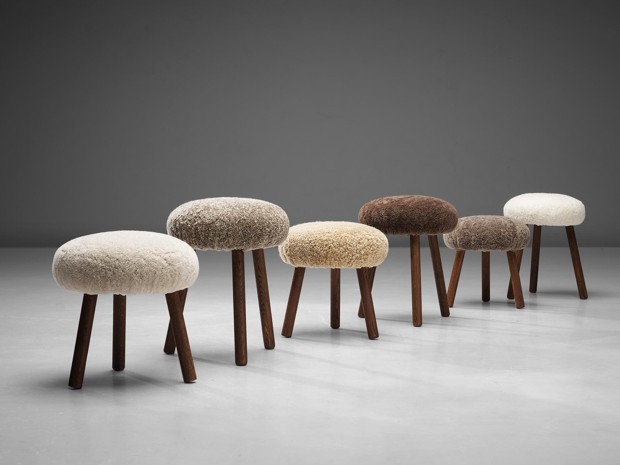 Swiss Tripod Stools in Solid Oak Upholstered in Shearling For Sale 1