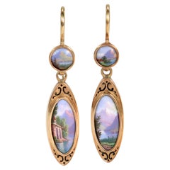 Swiss Victorian 18K Gold & Enamel Pendant Earrings with Views of Lake Geneva