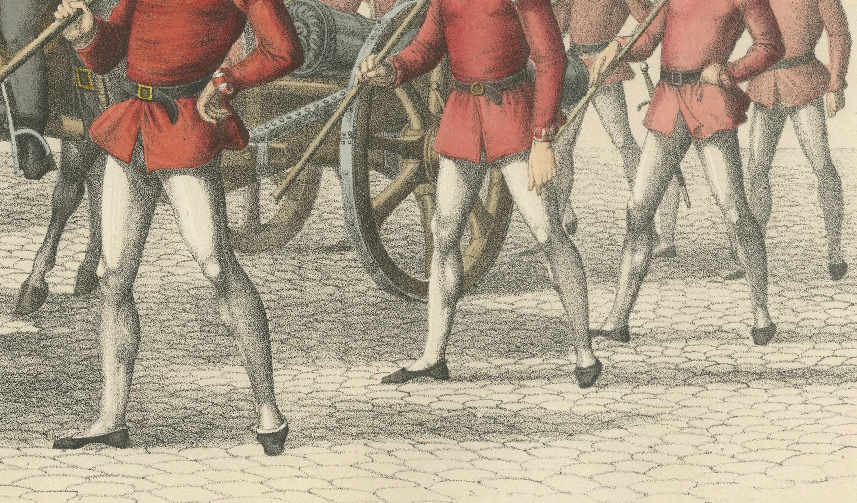 Titre : 1855 Défilé de la victoire suisse - Canons bourguignons capturés escortés par des troupes bernoises 

Description : Cette exceptionnelle lithographie coloriée à la main, créée par H. Jenny et lithographiée par Kümmerly et Wittmer, fait