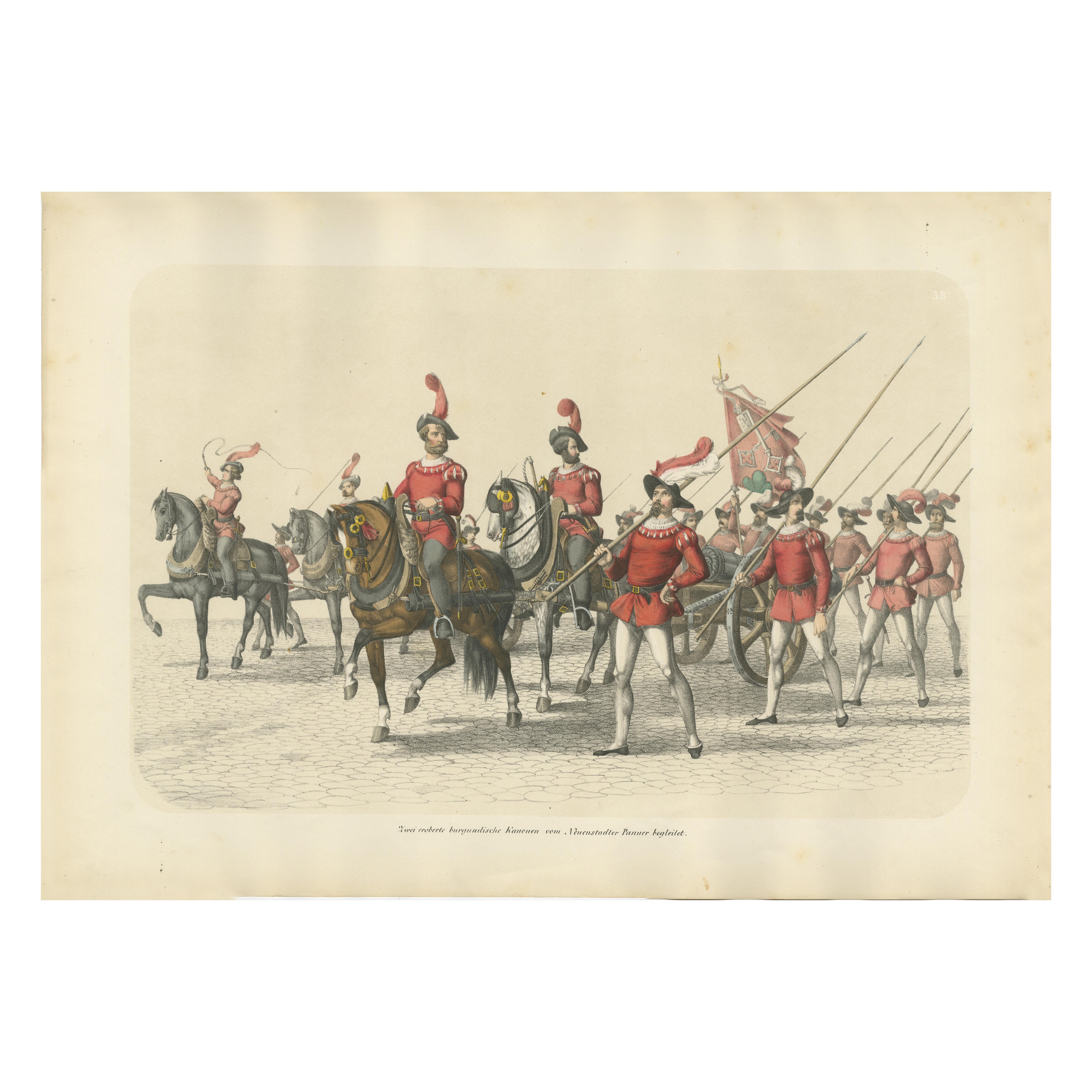Défilé de la victoire suisse - Canons bourguignons capturés escortés par des troupes bernoises