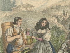 Swiss Village Gathering: A Moment of Alpine Life - Hand-Colored Lithograph, 1863