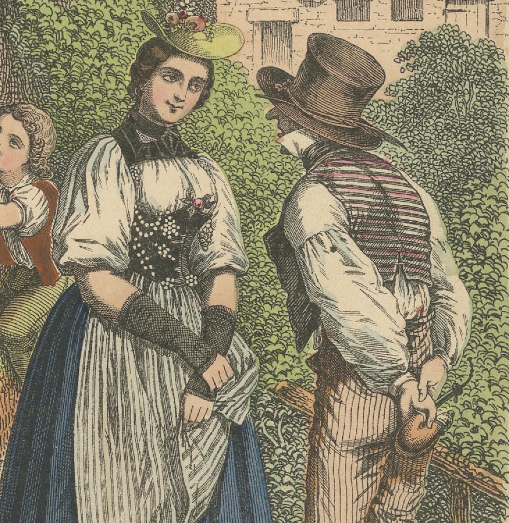 Schweizer Dorf gathering: A Moment of Alpine Life – Handkolorierte Lithographie, 1863 (Mittleres 19. Jahrhundert) im Angebot