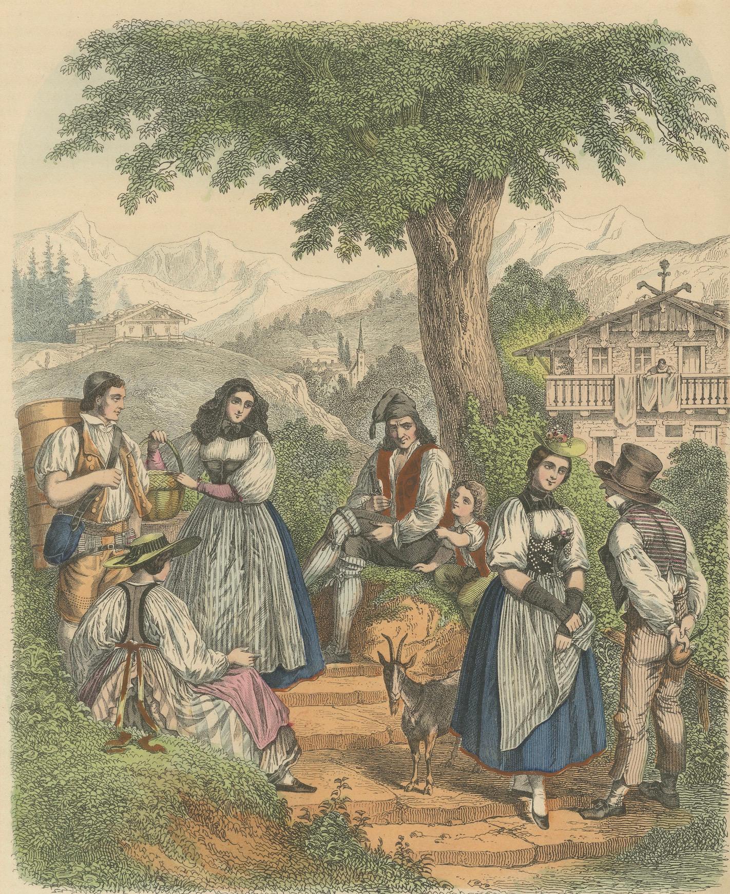 Schweizer Dorf gathering: A Moment of Alpine Life – Handkolorierte Lithographie, 1863 im Angebot 1