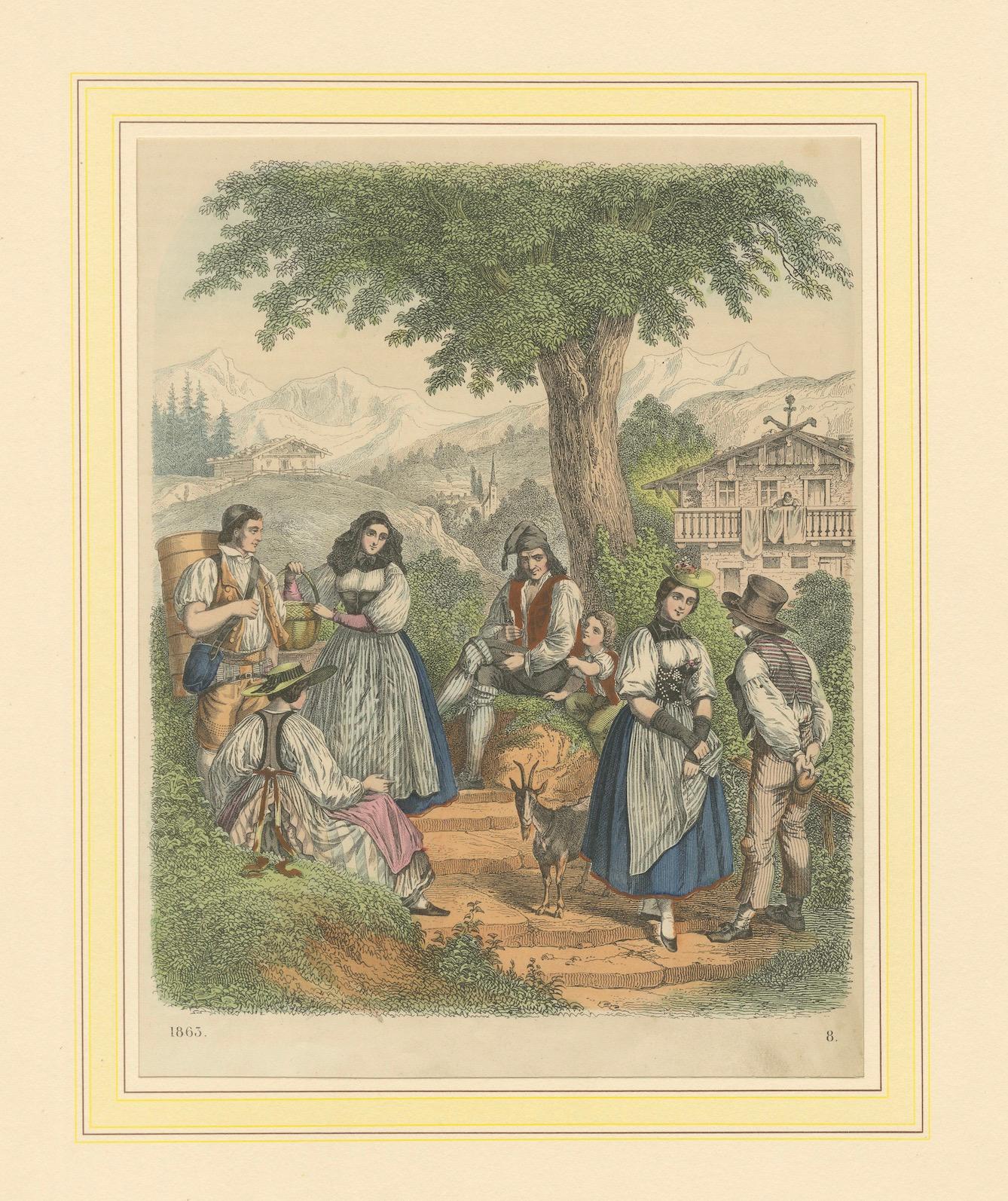 Schweizer Dorf gathering: A Moment of Alpine Life – Handkolorierte Lithographie, 1863 im Angebot 2