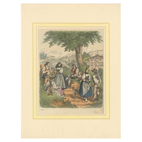 Swiss Village Gathering: A Moment of Alpine Life - Hand-Colored Lithograph, 1863