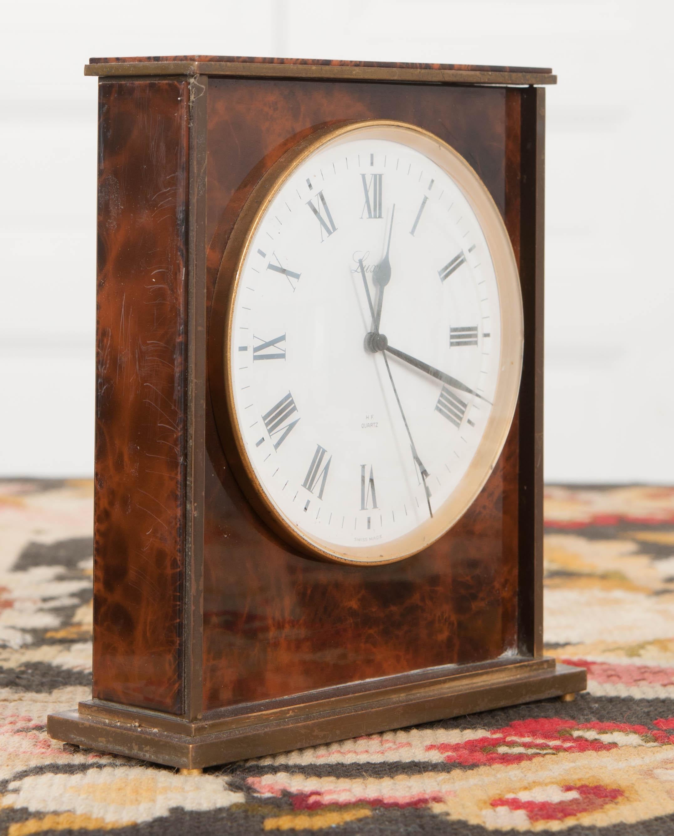 Swiss Vintage Faux Tortoiseshell Desk Clock In Good Condition In Baton Rouge, LA