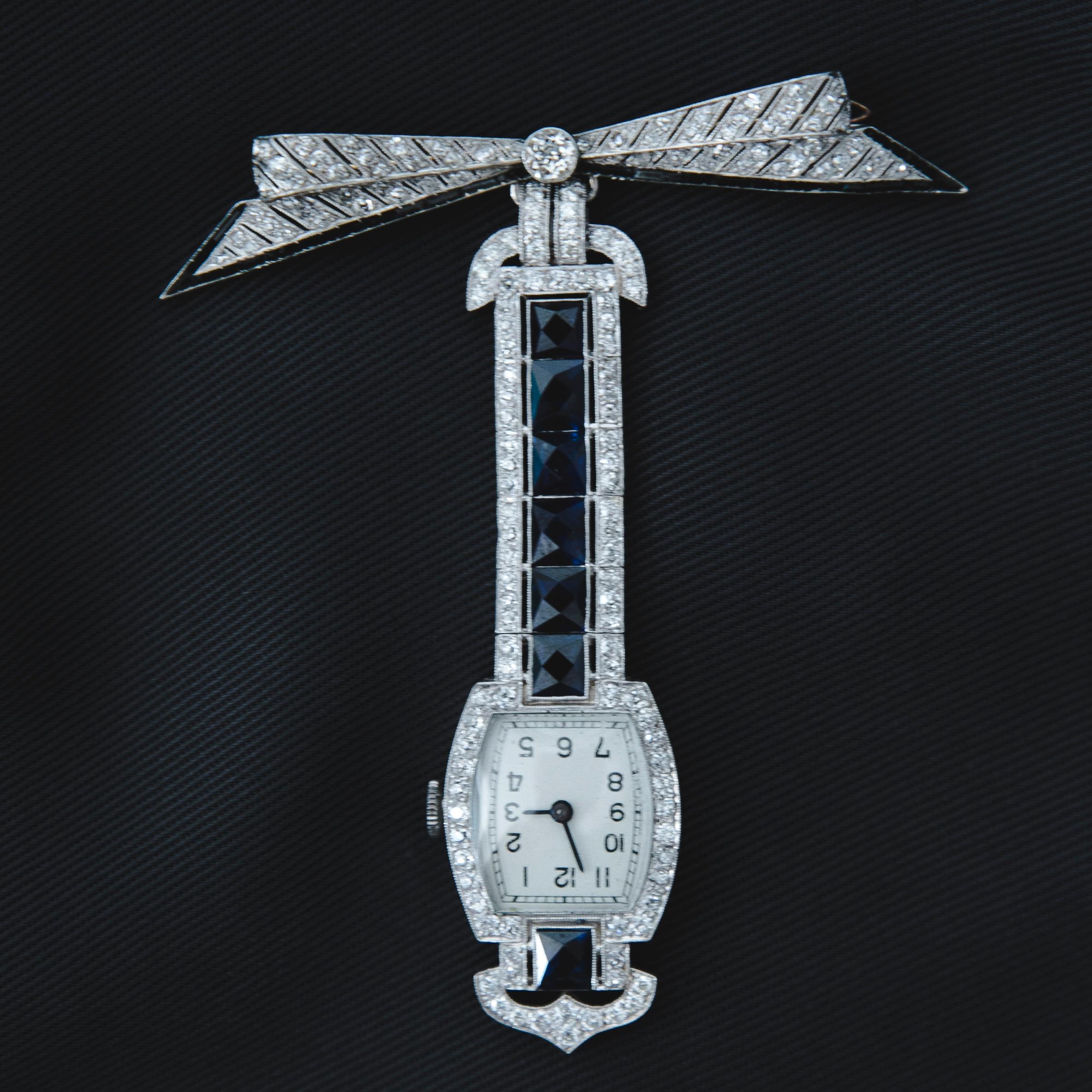 Swiss Watch Brooch Sapphires Diamonds Platinum Certificate, 1920 For Sale 8