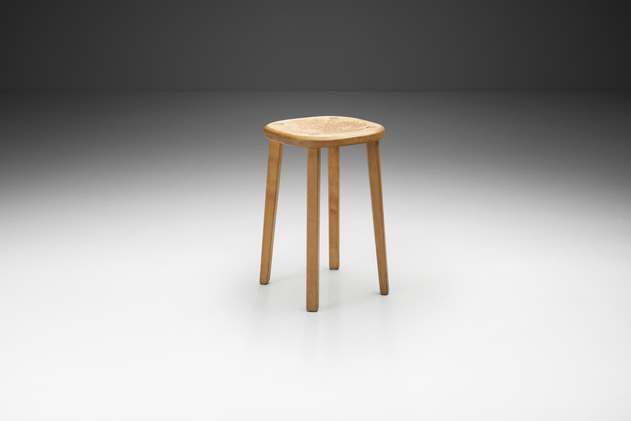 Mid-Century Modern Swiss Wooden Quadripod Stool, Switzerland ca 1960s For Sale