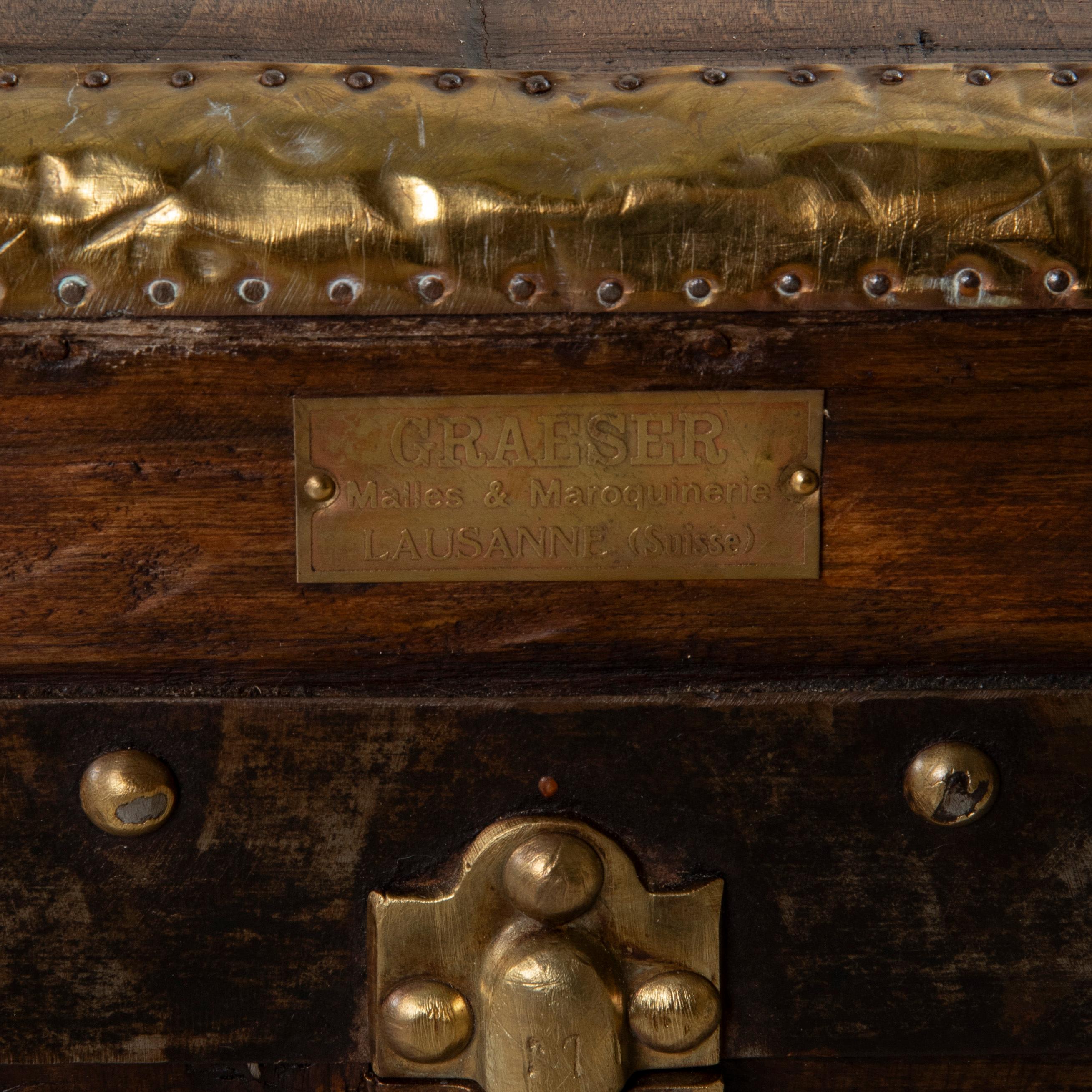 Swiss Wooden Steam Trunk with Runners, Brass, Iron, Leather Details, circa 1880 8