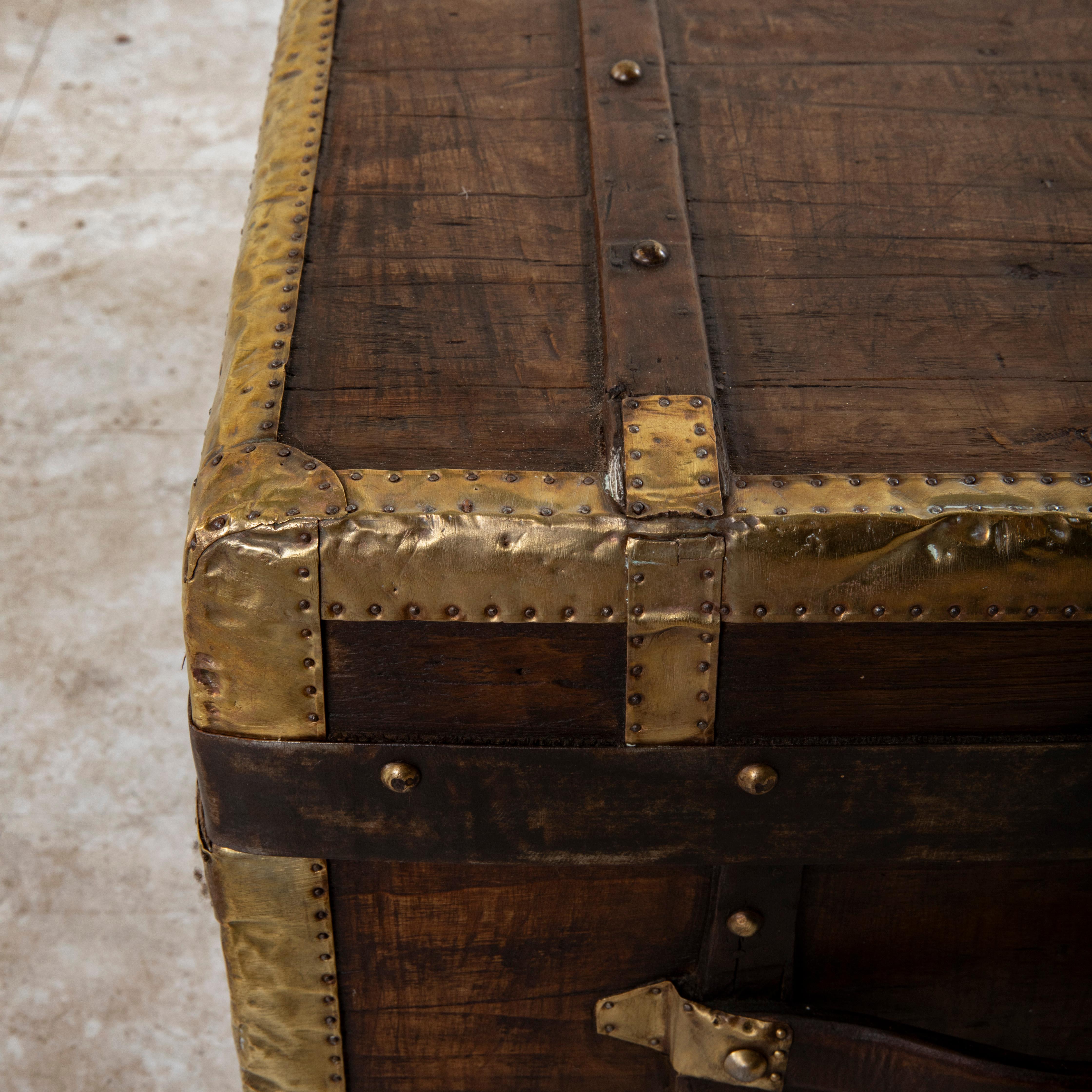 Swiss Wooden Steam Trunk with Runners, Brass, Iron, Leather Details, circa 1880 11