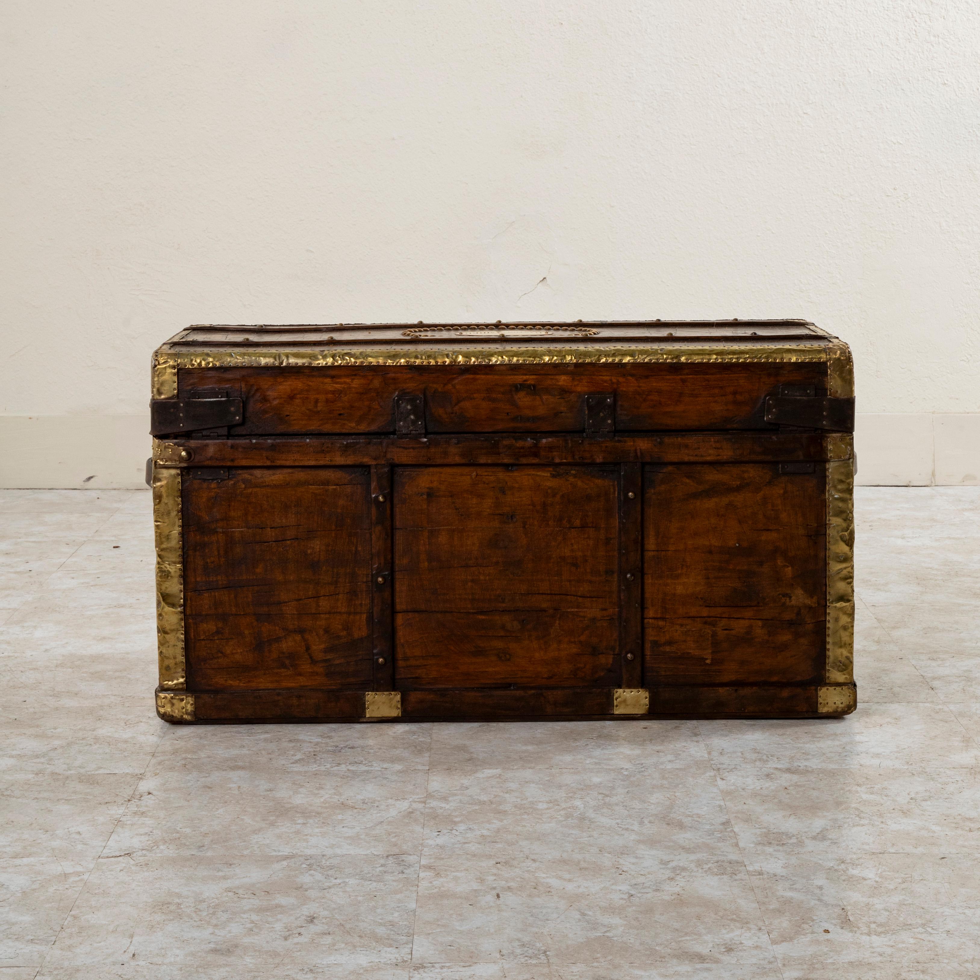 19th Century Swiss Wooden Steam Trunk with Runners, Brass, Iron, Leather Details, circa 1880