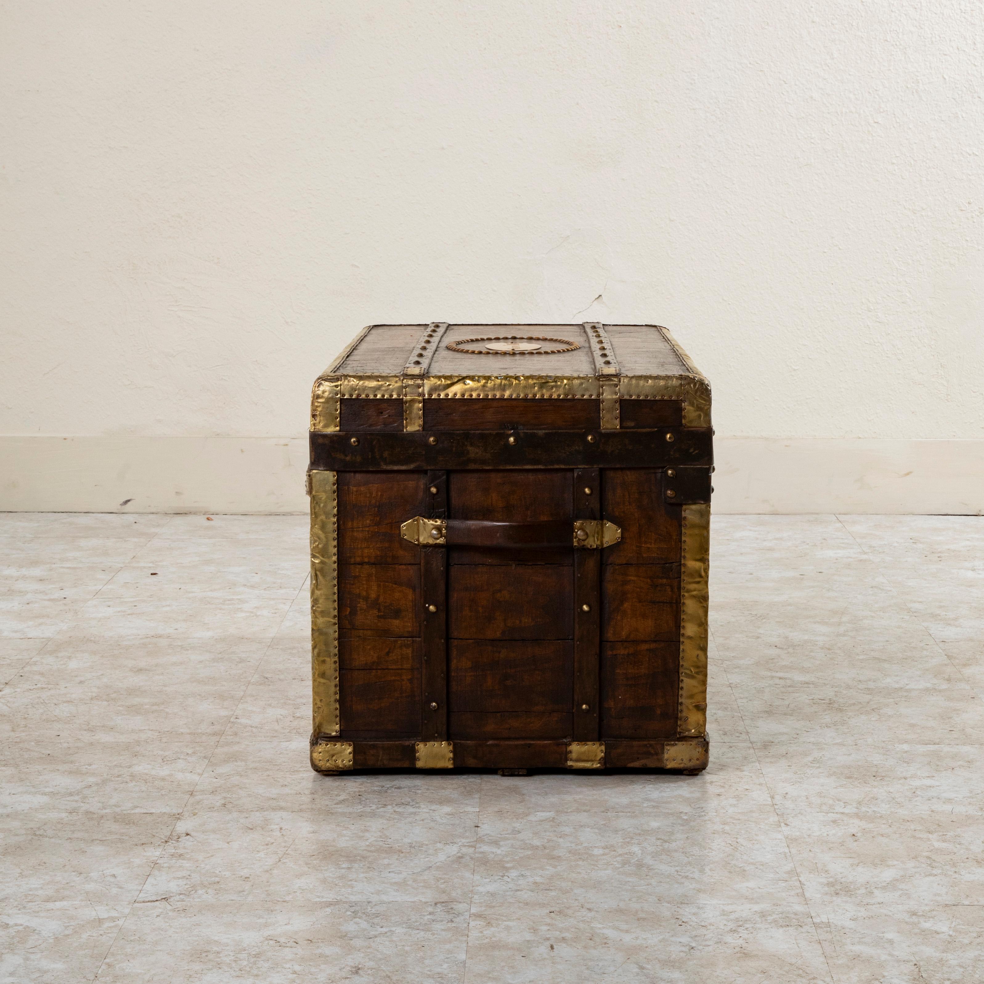 Swiss Wooden Steam Trunk with Runners, Brass, Iron, Leather Details, circa 1880 1