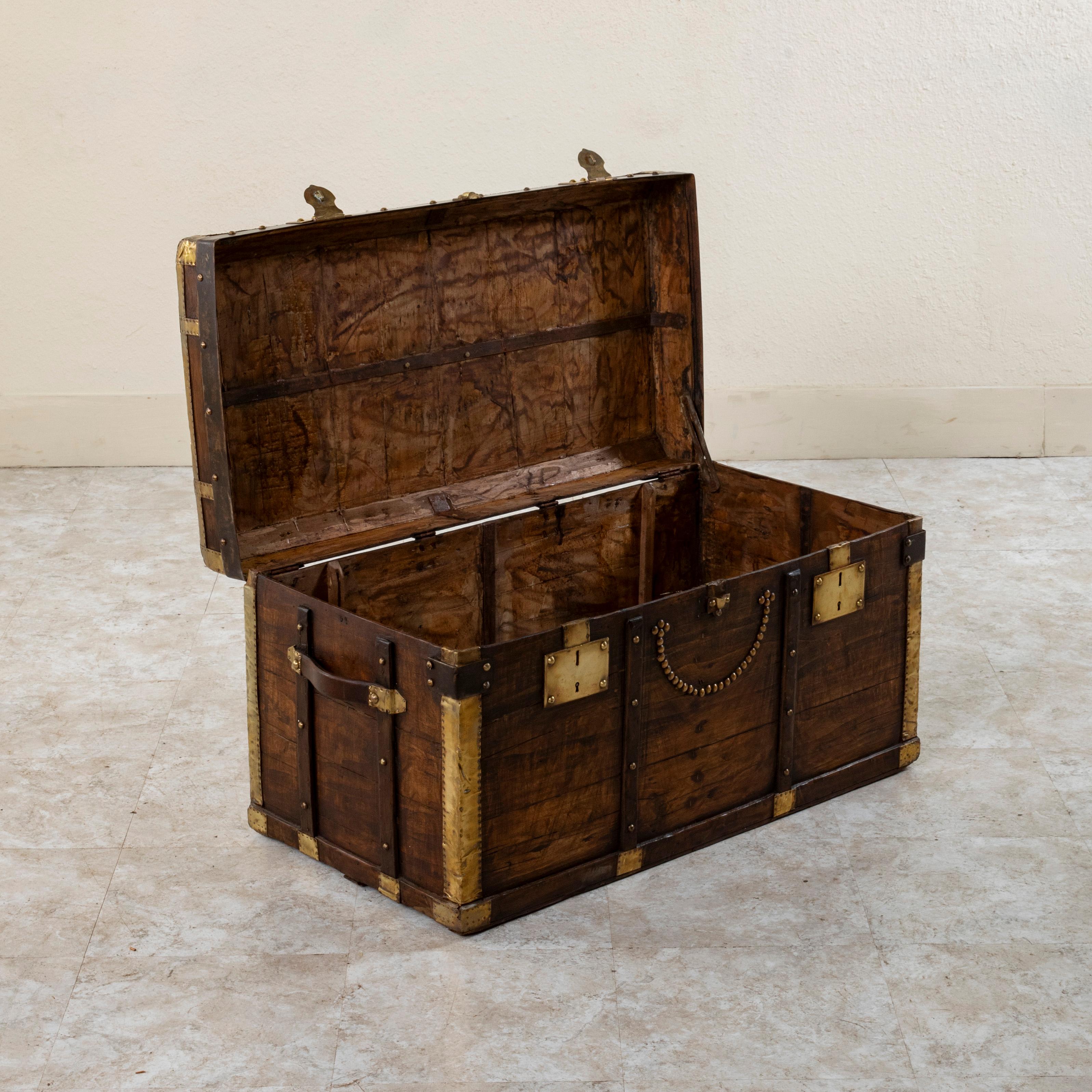 Swiss Wooden Steam Trunk with Runners, Brass, Iron, Leather Details, circa 1880 2