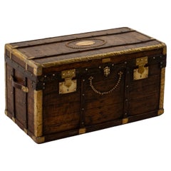 Swiss Wooden Steam Trunk with Runners, Brass, Iron, Leather Details, circa 1880