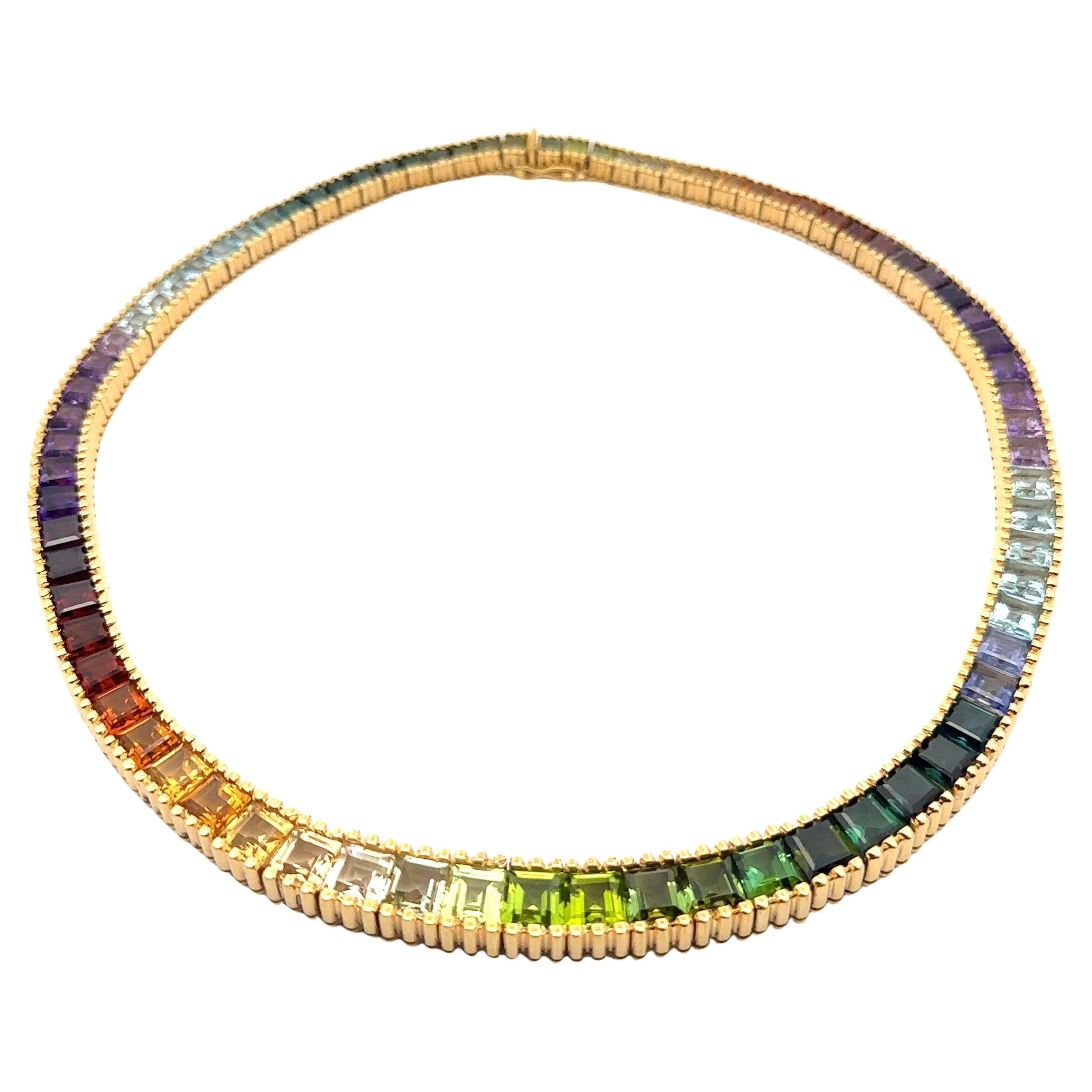 Swissmade 18k Yellow Gold Multi Color Gemstones Grooved Graduated Line Necklace