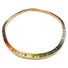 Swissmade 18k Yellow Gold Multi Color Gemstones Grooved Graduated Line Necklace