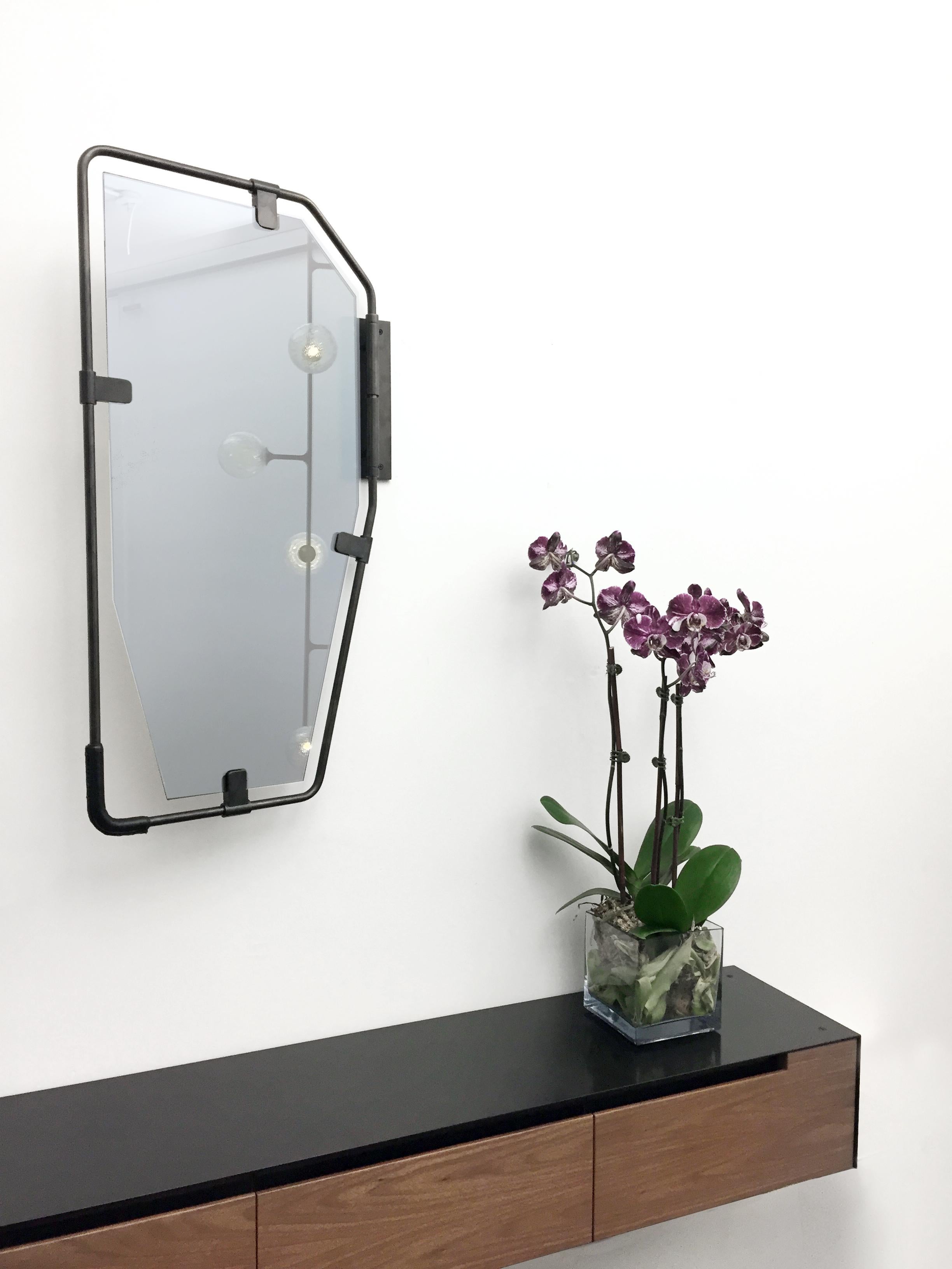 Modern SWITCH Mirror - pivoting brass frame with leather grip For Sale