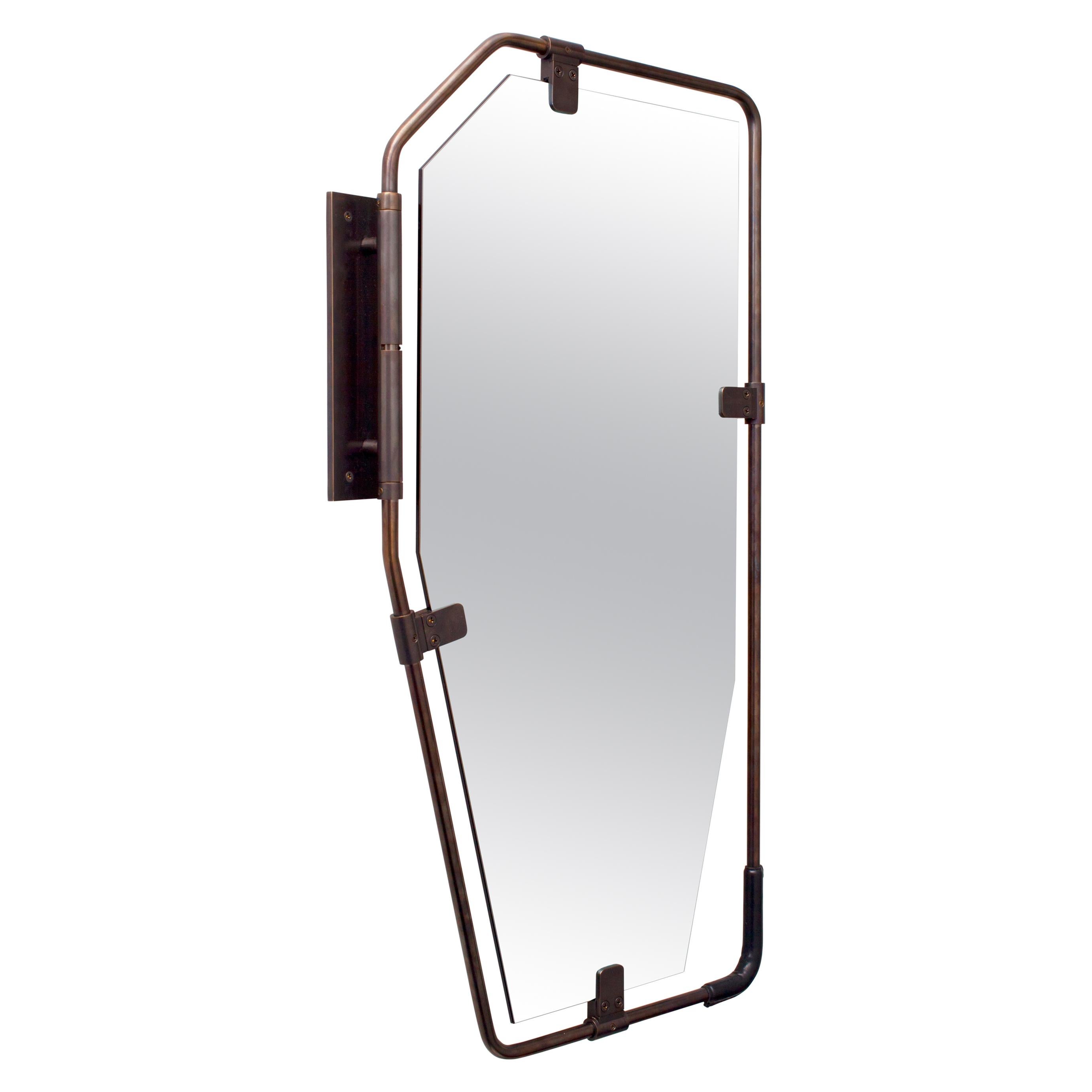 SWITCH Mirror - pivoting brass frame with leather grip For Sale