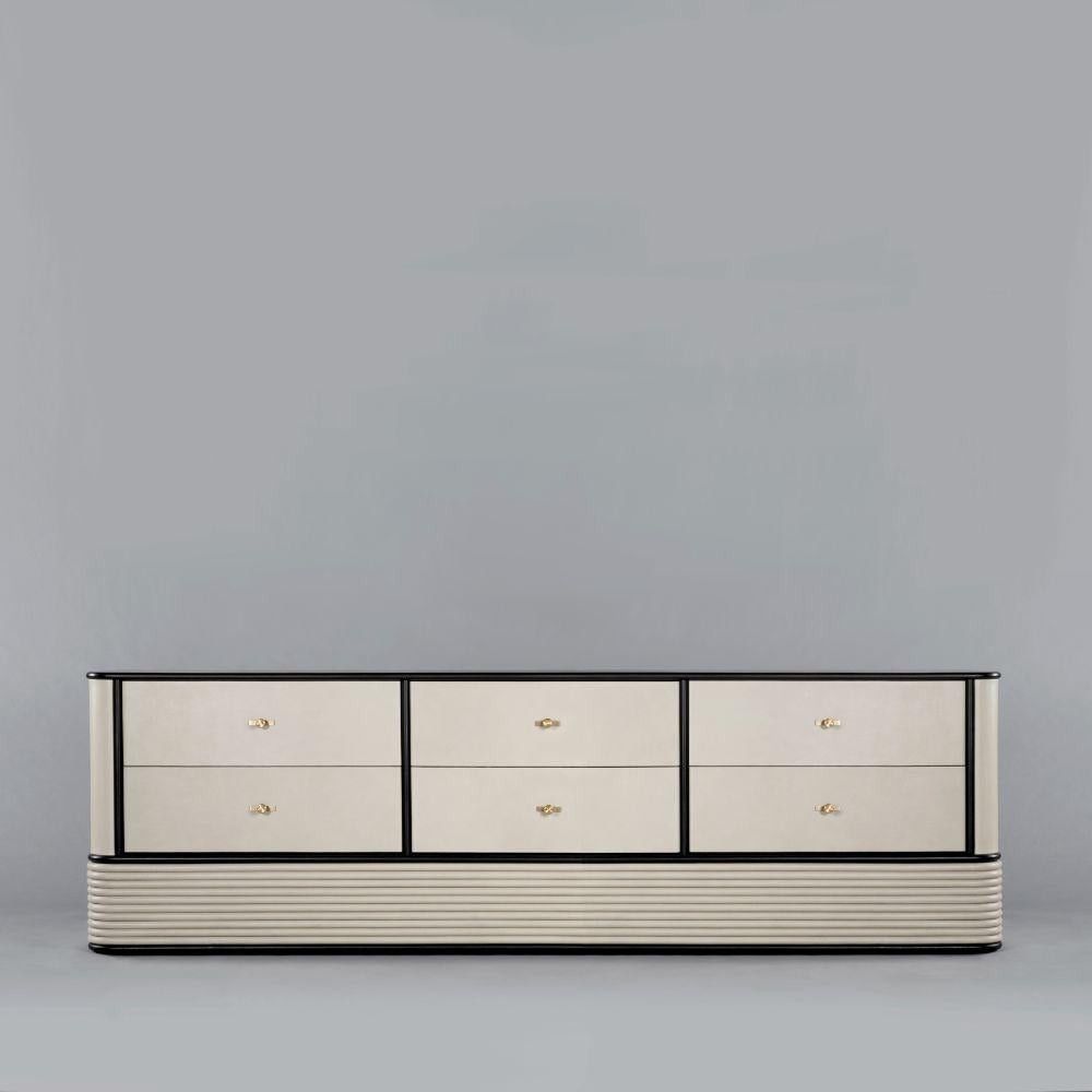 Switch sideboard by VIDIVIXI
Dimensions: L 239 x W 52 x H 69 cm
Materials: stretched leather, walnut, dyed oak

Also available: black dye stain on oak, patina on brass, chrome and Made to Order Customization. 

The switch sideboard is fully