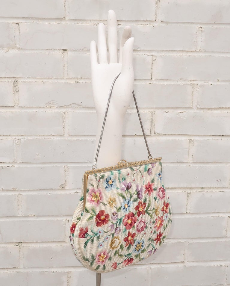 Switkes Floral Needlepoint Handbag With Decorated Frame, C.1950 at 1stDibs