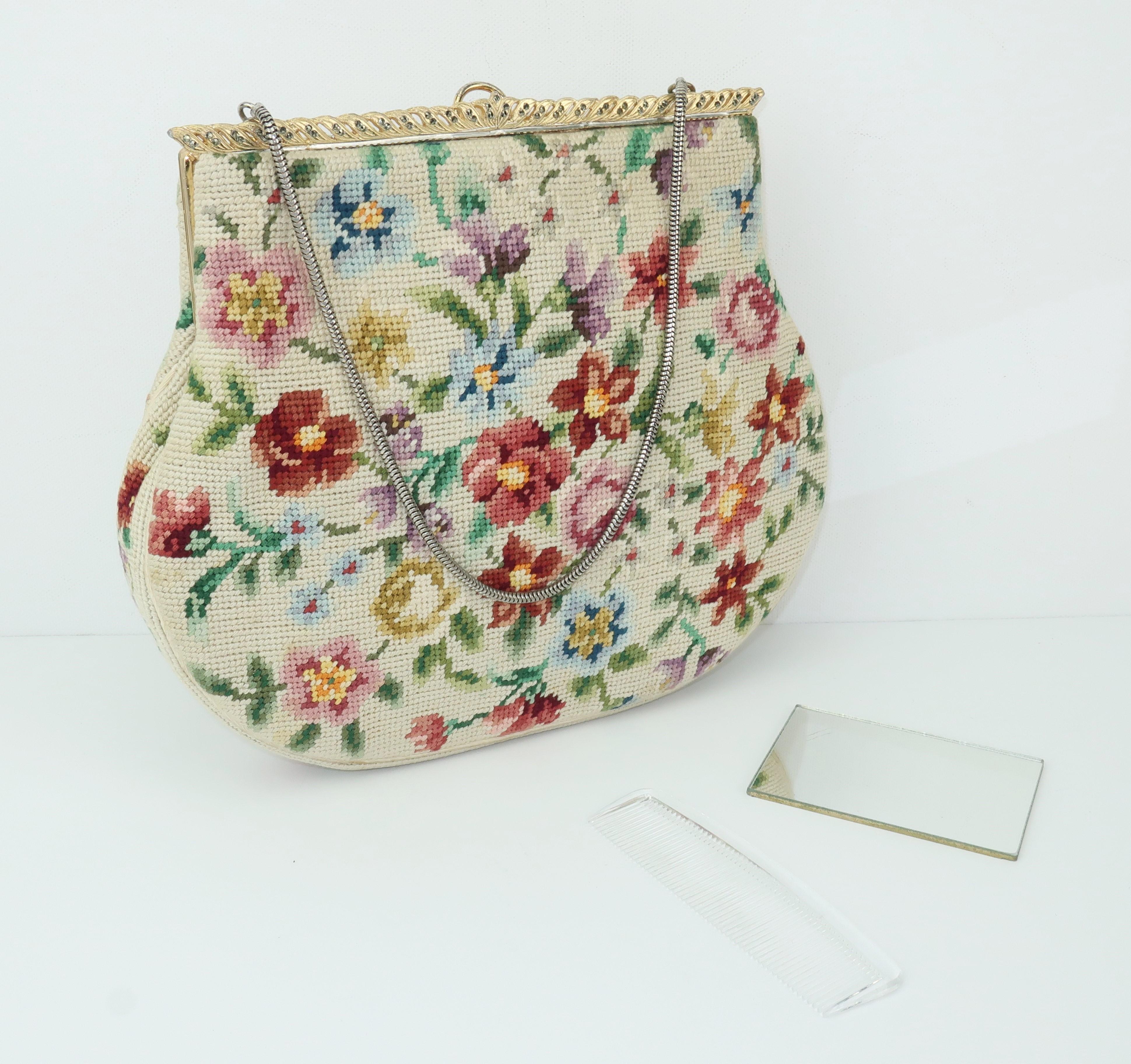 Switkes Floral Needlepoint Handbag With Decorated Frame, C.1950 8