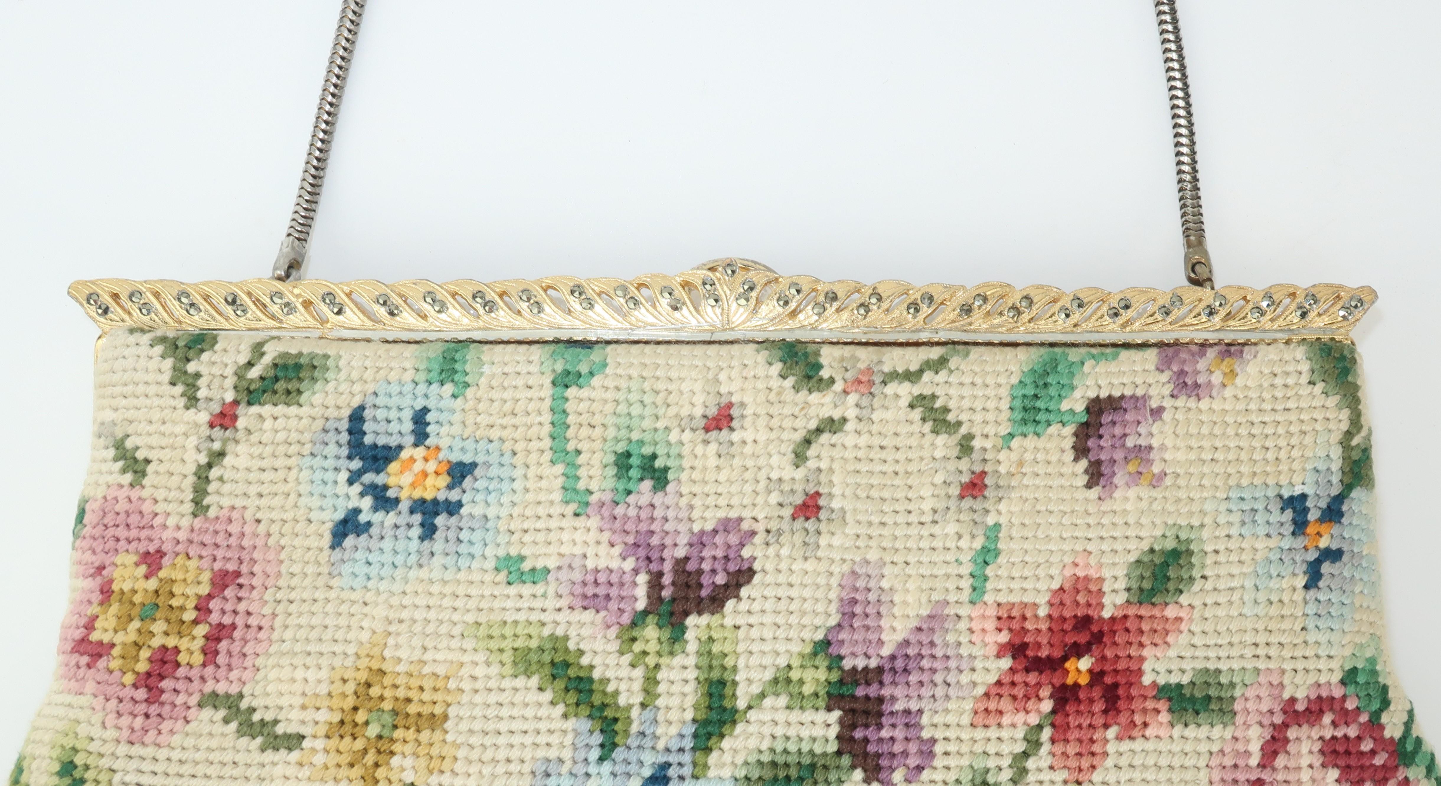 Beige Switkes Floral Needlepoint Handbag With Decorated Frame, C.1950