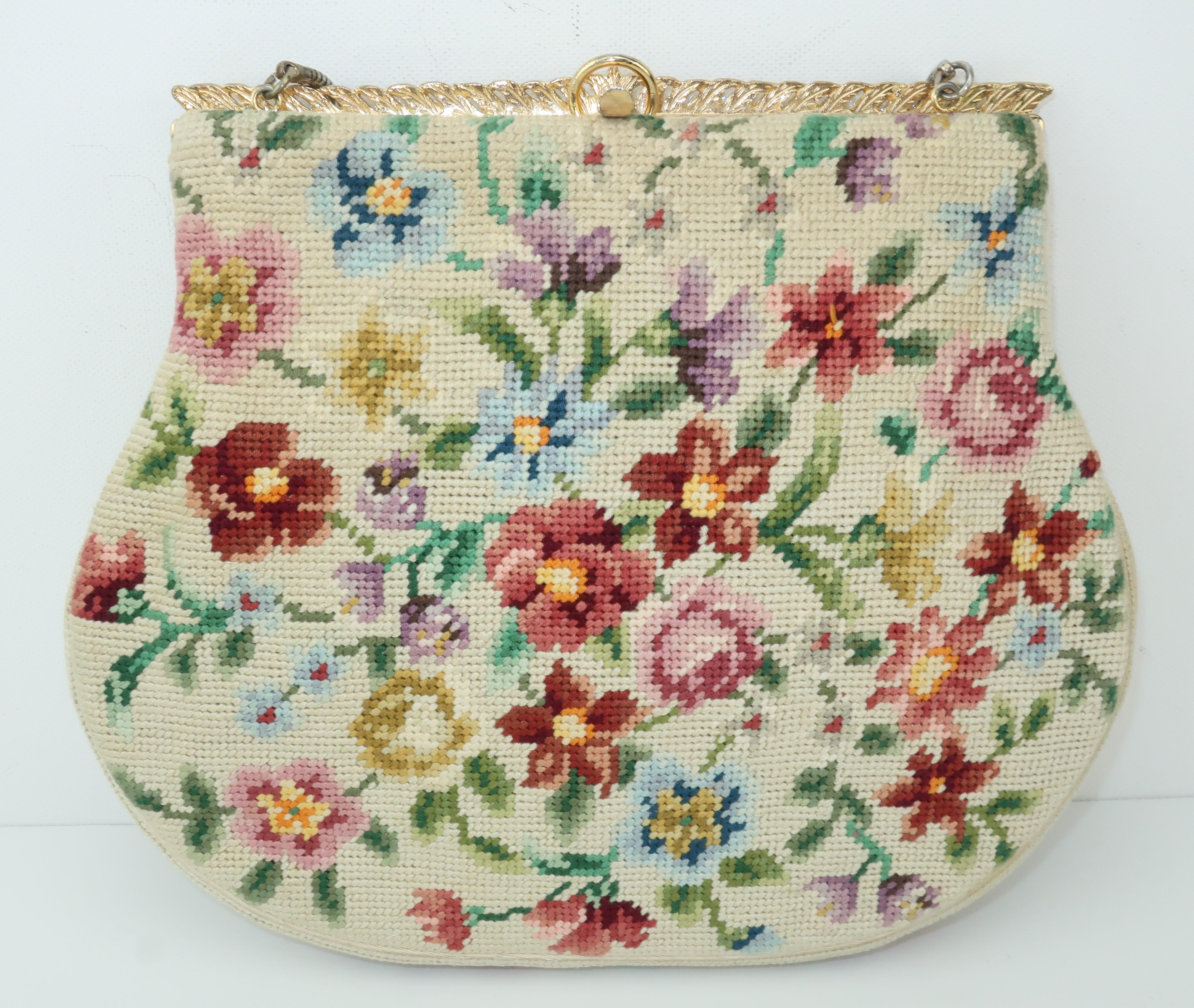 Switkes Floral Needlepoint Handbag With Decorated Frame, C.1950 In Good Condition In Atlanta, GA