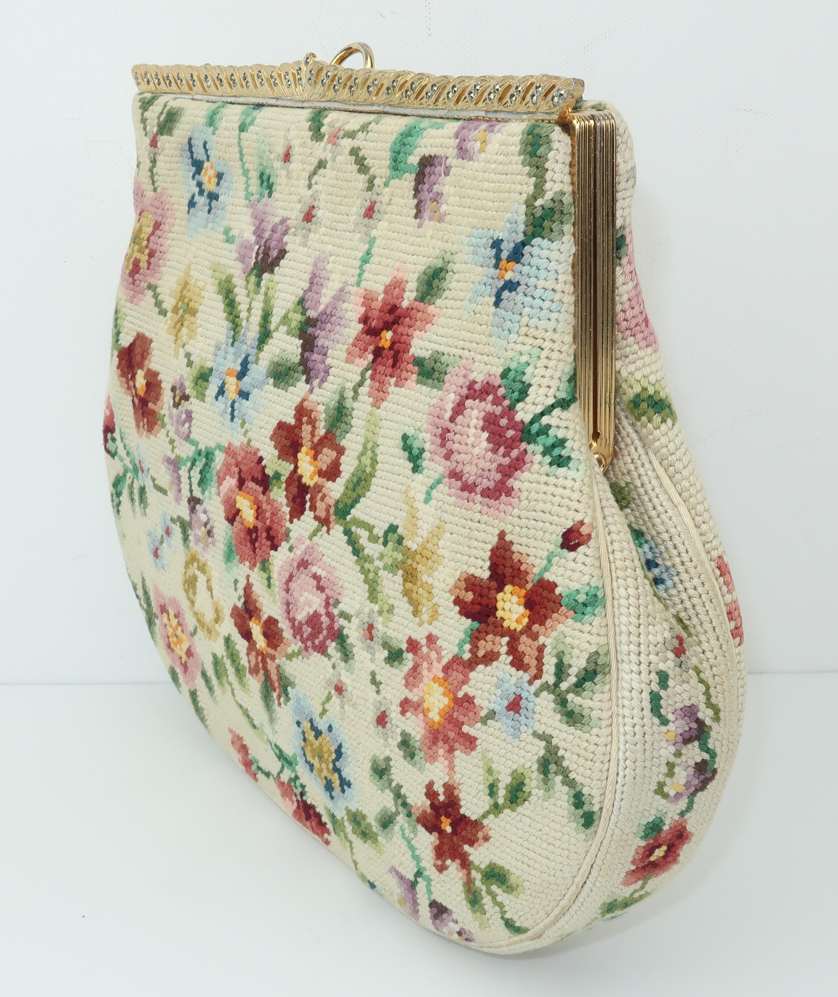 Women's Switkes Floral Needlepoint Handbag With Decorated Frame, C.1950
