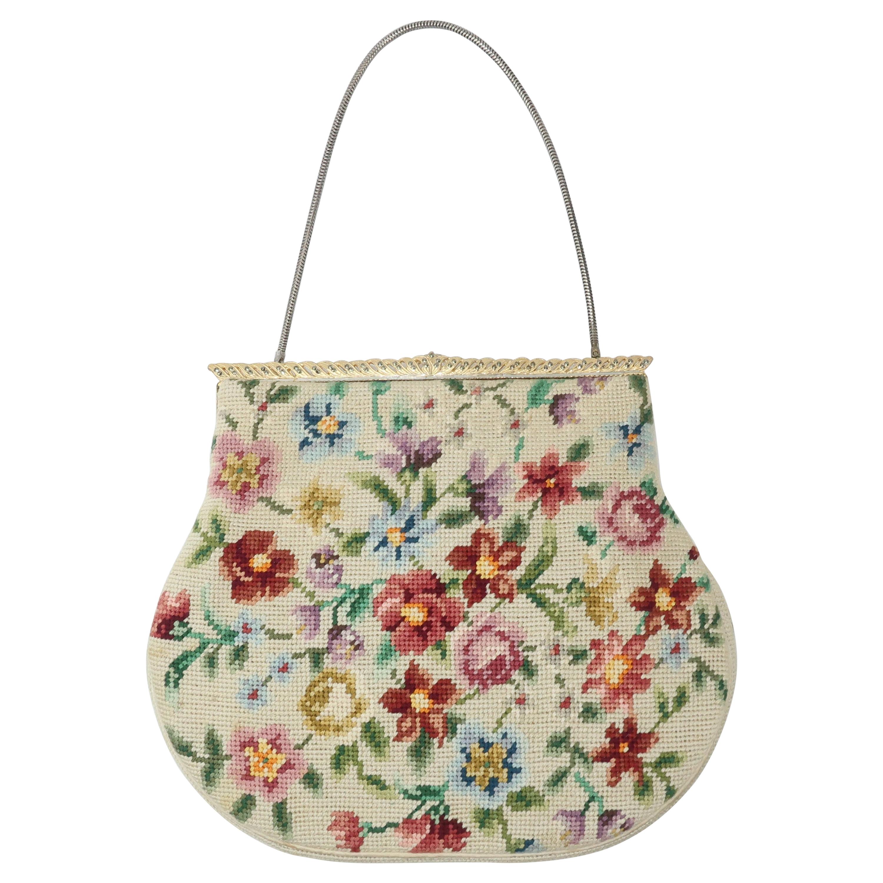 Switkes Floral Needlepoint Handbag With Decorated Frame, C.1950
