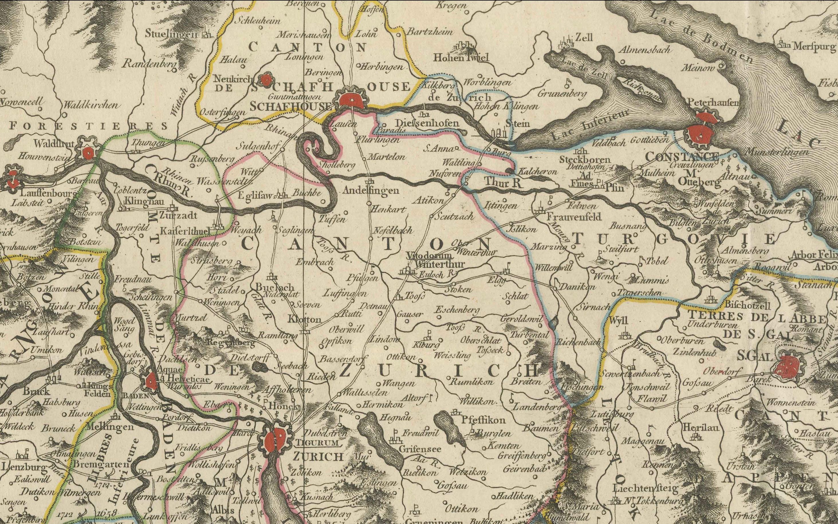 Switzerland Map 1778 – Striking Hand-Colored Copperplate of the Thirteen Cantons In Good Condition For Sale In Langweer, NL