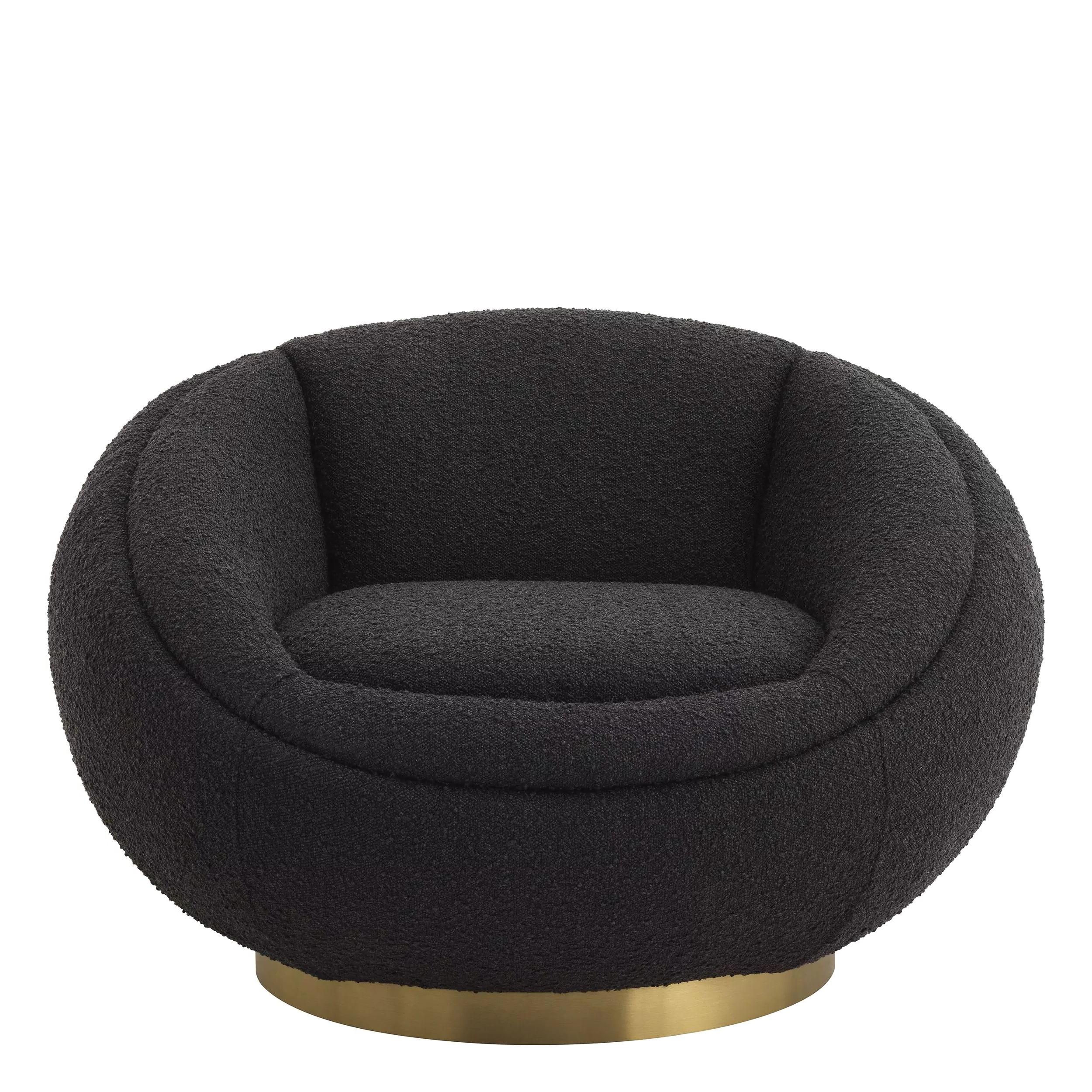Mid-Century Modern Swivel Armchair All in Black Bouclé Fabric and Brass Finishes For Sale