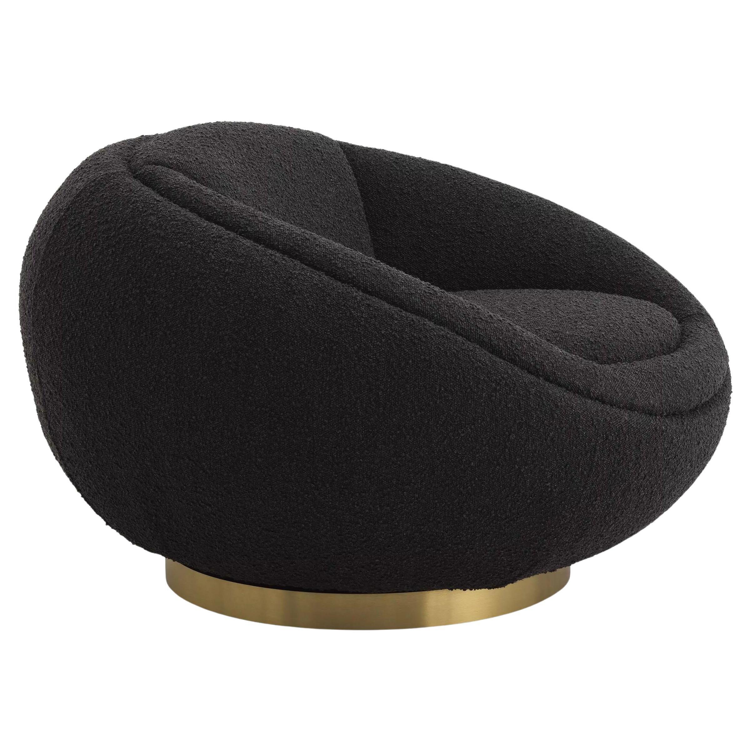 Swivel Armchair All in Black Bouclé Fabric and Brass Finishes